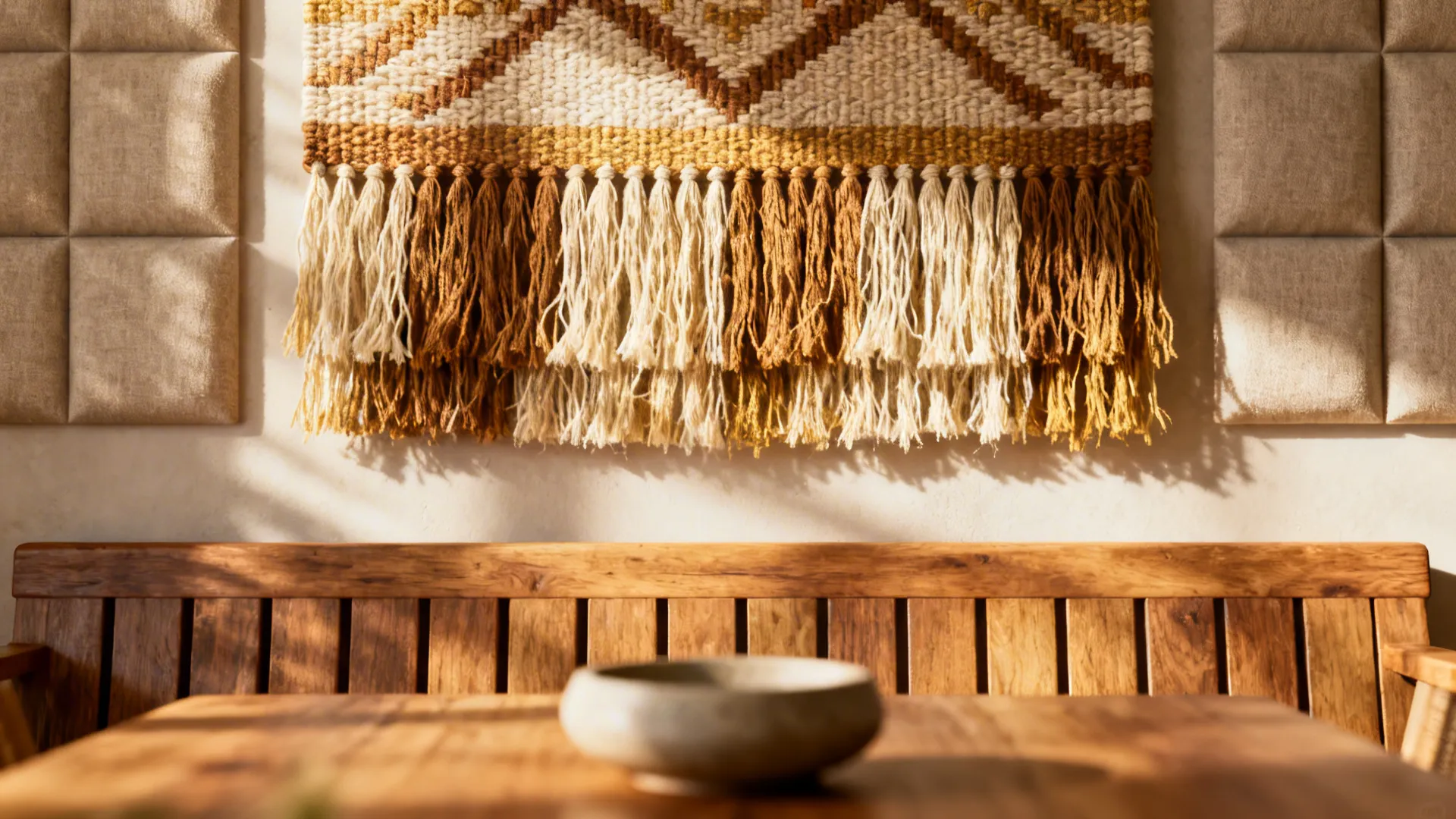 Handwoven textile wall hanging with visible fiber texture above a dining bench.