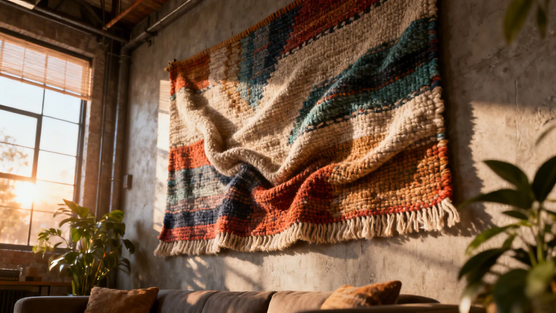 Handwoven tapestry on a loft wall with visible texture and nearby plants, sunlight softened by window film.