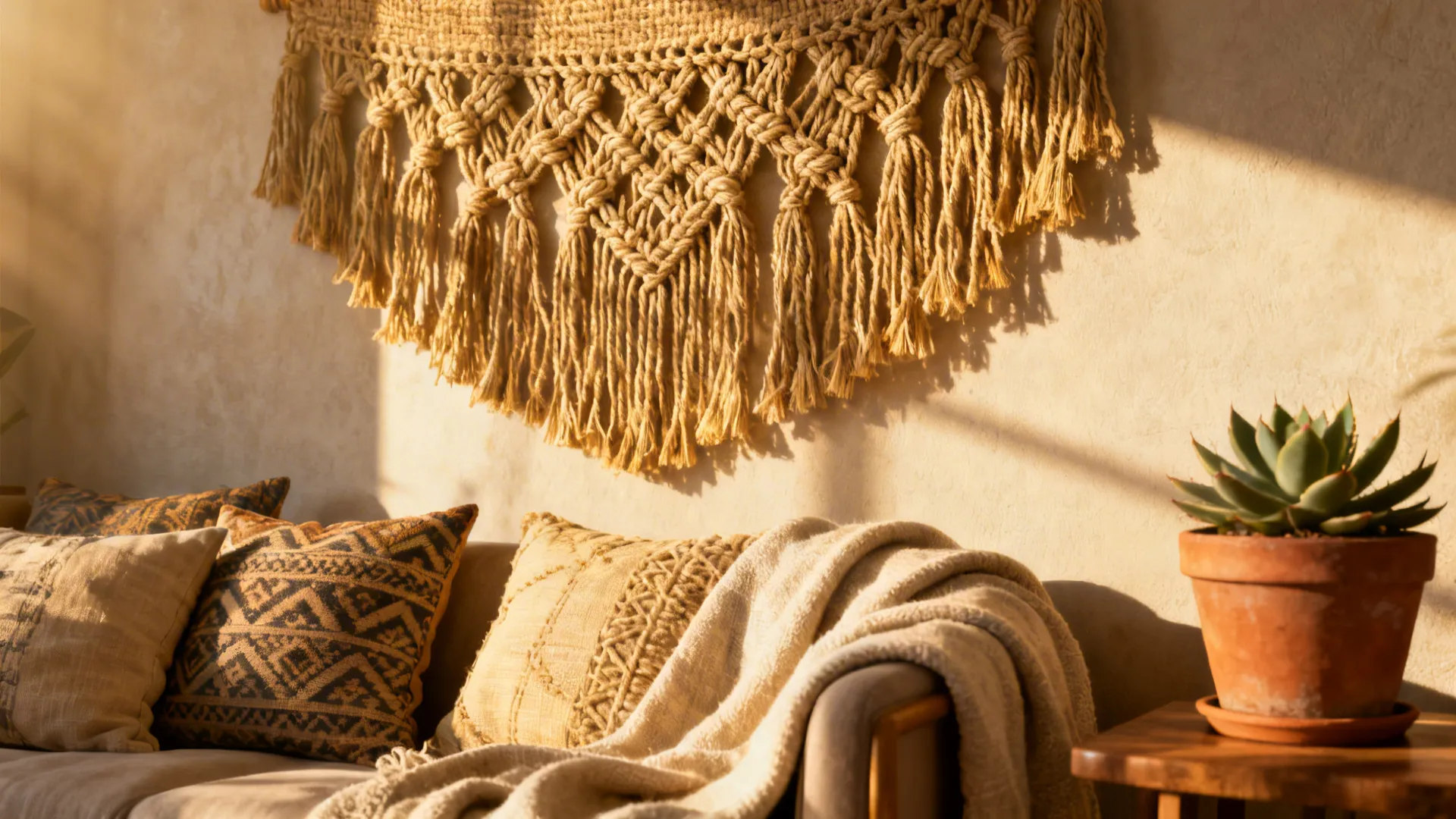 Woven tapestry on a living room wall with soft textiles and warm sunlight highlighting texture.