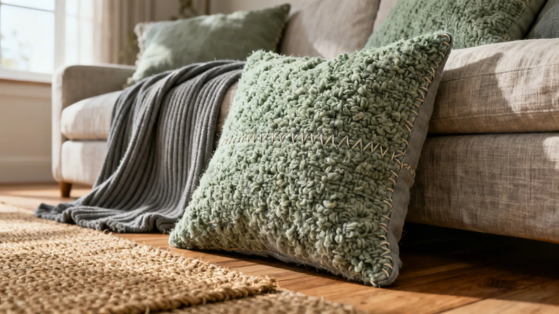 Green textured pillows and a grey blanket on a beige sofa with a brown floor rug
