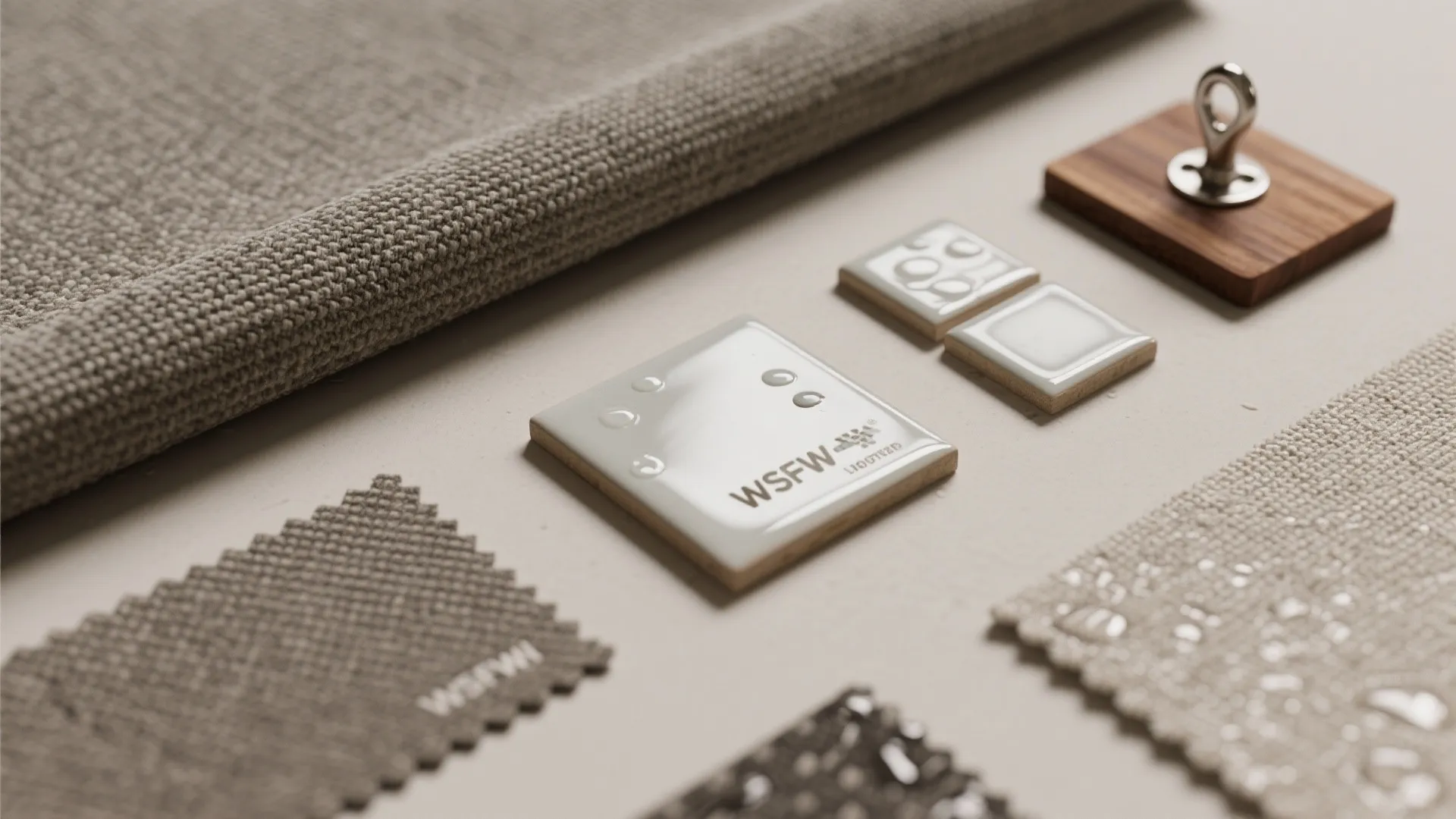 Various interior design material samples including grey fabric swatches white tiles and a wood piece