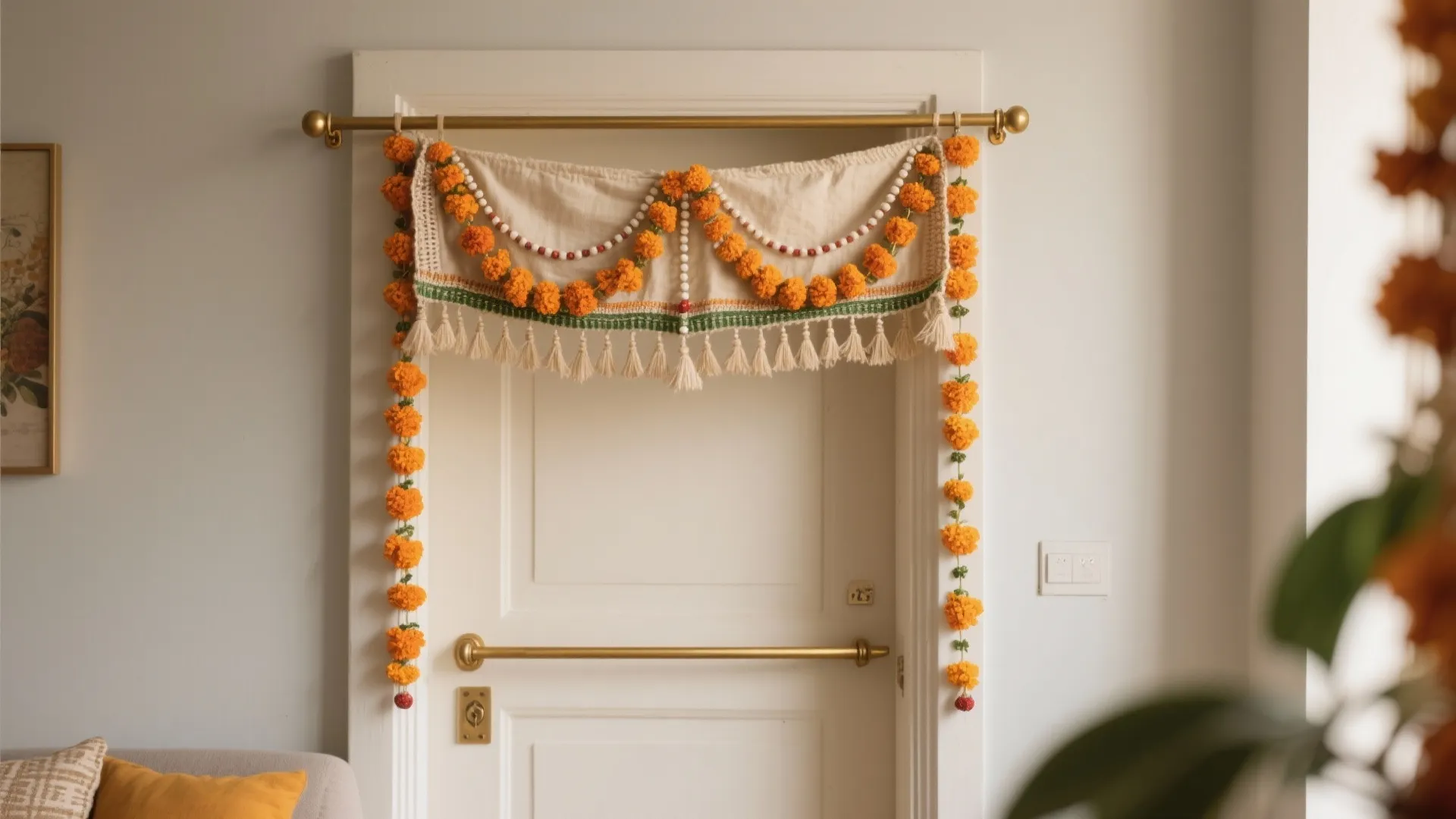 White door decorated with cream fabric hanging and orange flower garlands on a gold rod