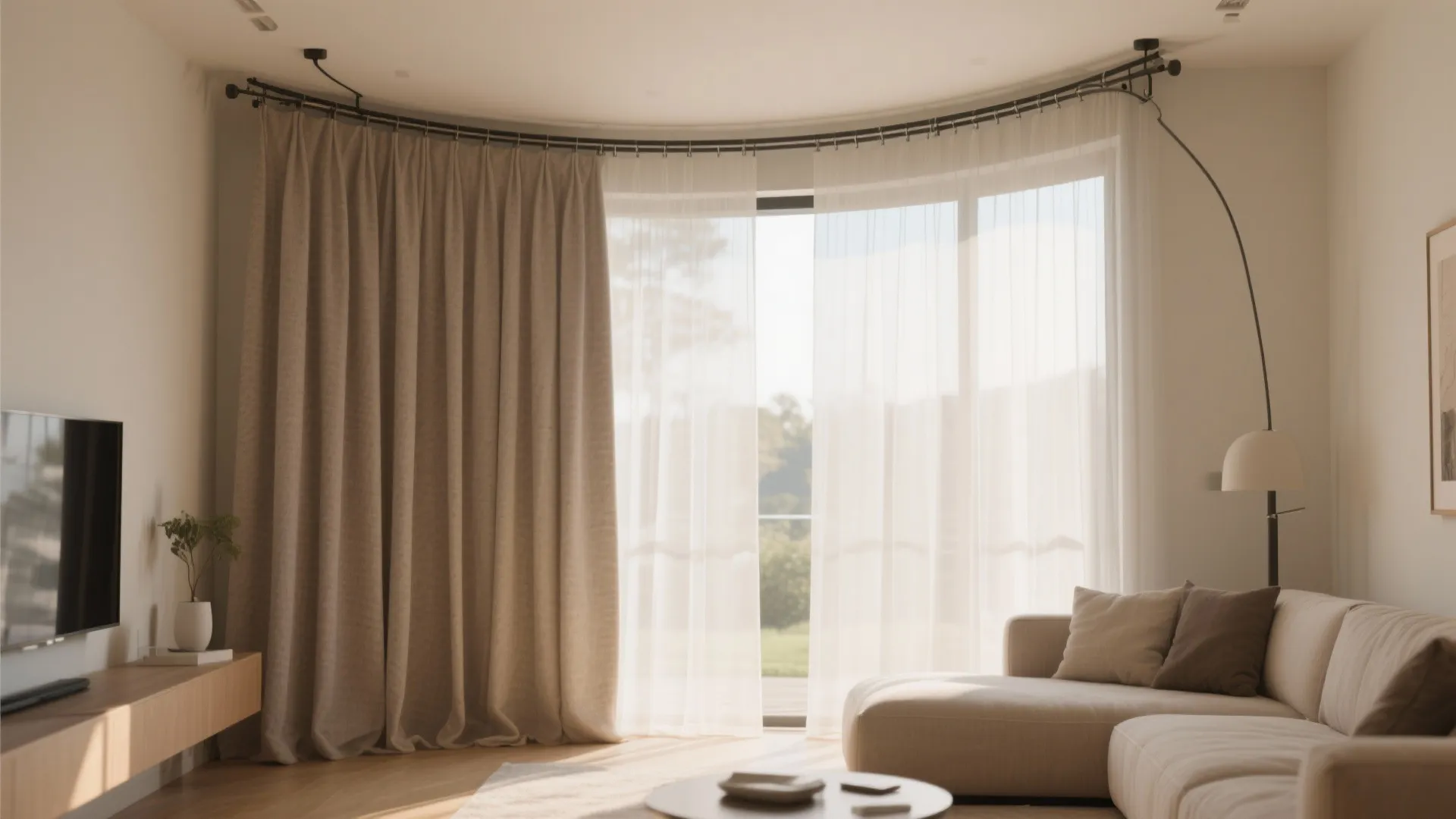 Modern living room with curved curtain track beige curtains sofa floor lamp and natural light