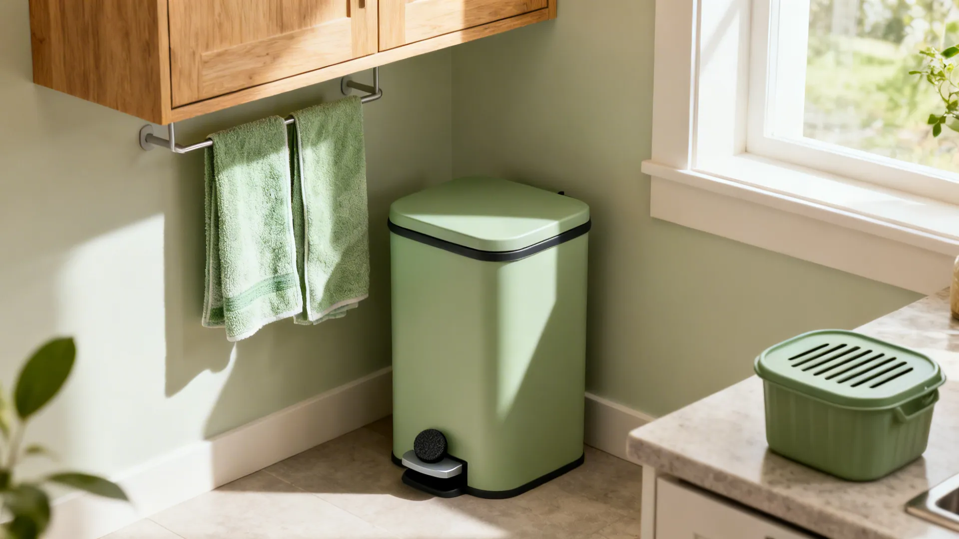 Green pedal trash can placed in a kitchen corner under hanging towels near a window