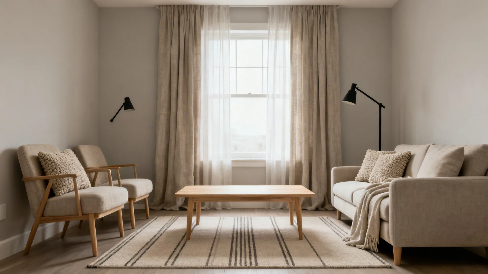 Neutral striped rug, high-and-wide linen curtains, and greige walls make a small living room feel taller and cohesive.