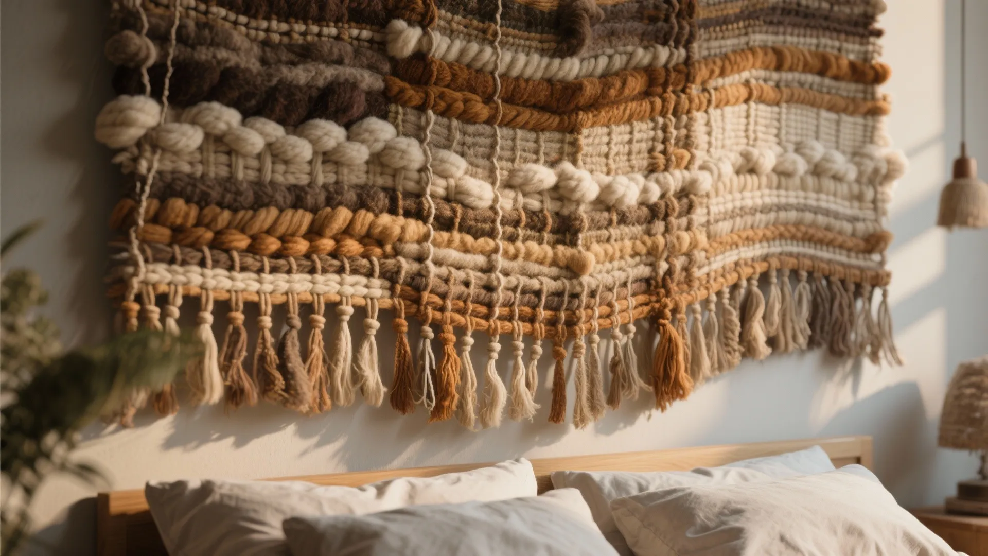 Large woven wall hanging with brown and cream tassels displayed on wall above the bed