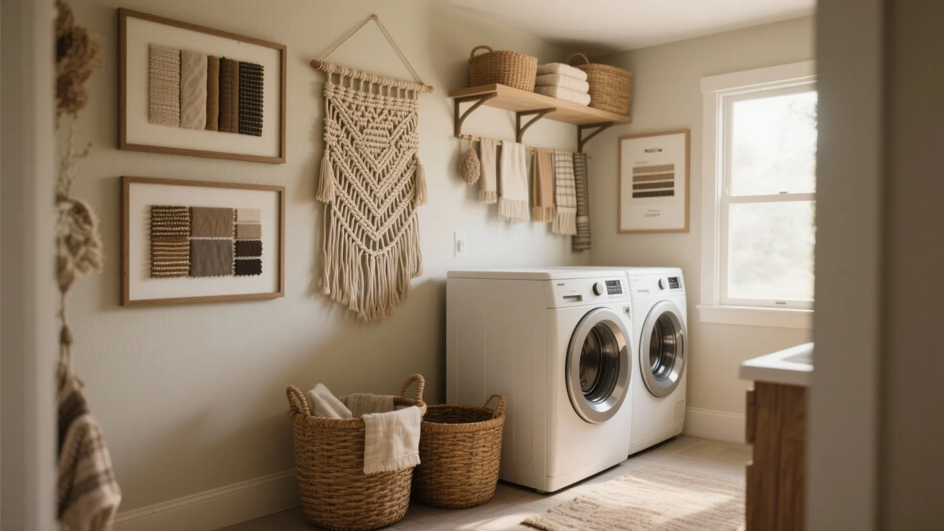 Laundry room featuring white washing machines with wall art woven baskets and a wooden wall shelf
