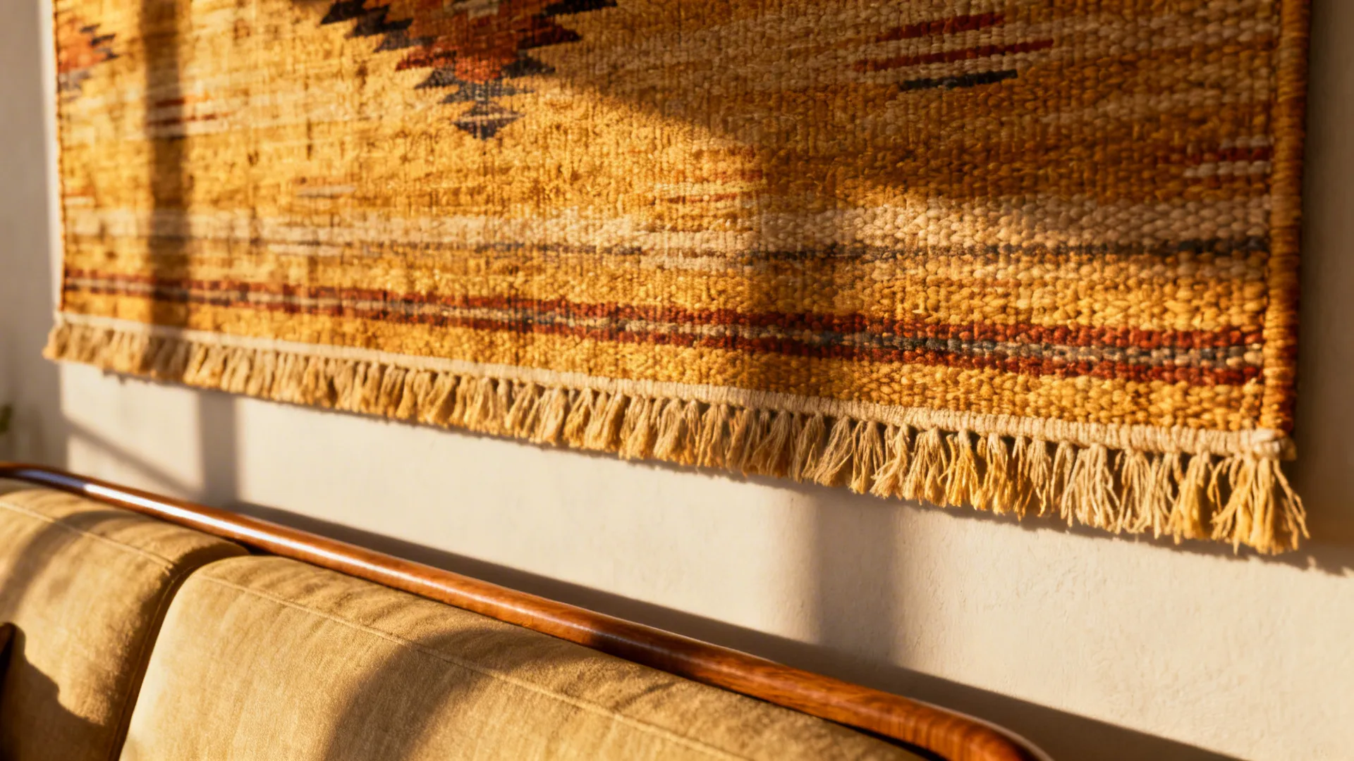 Close-up of a mounted kilim textile used as oversized horizontal wall art above a sofa.
