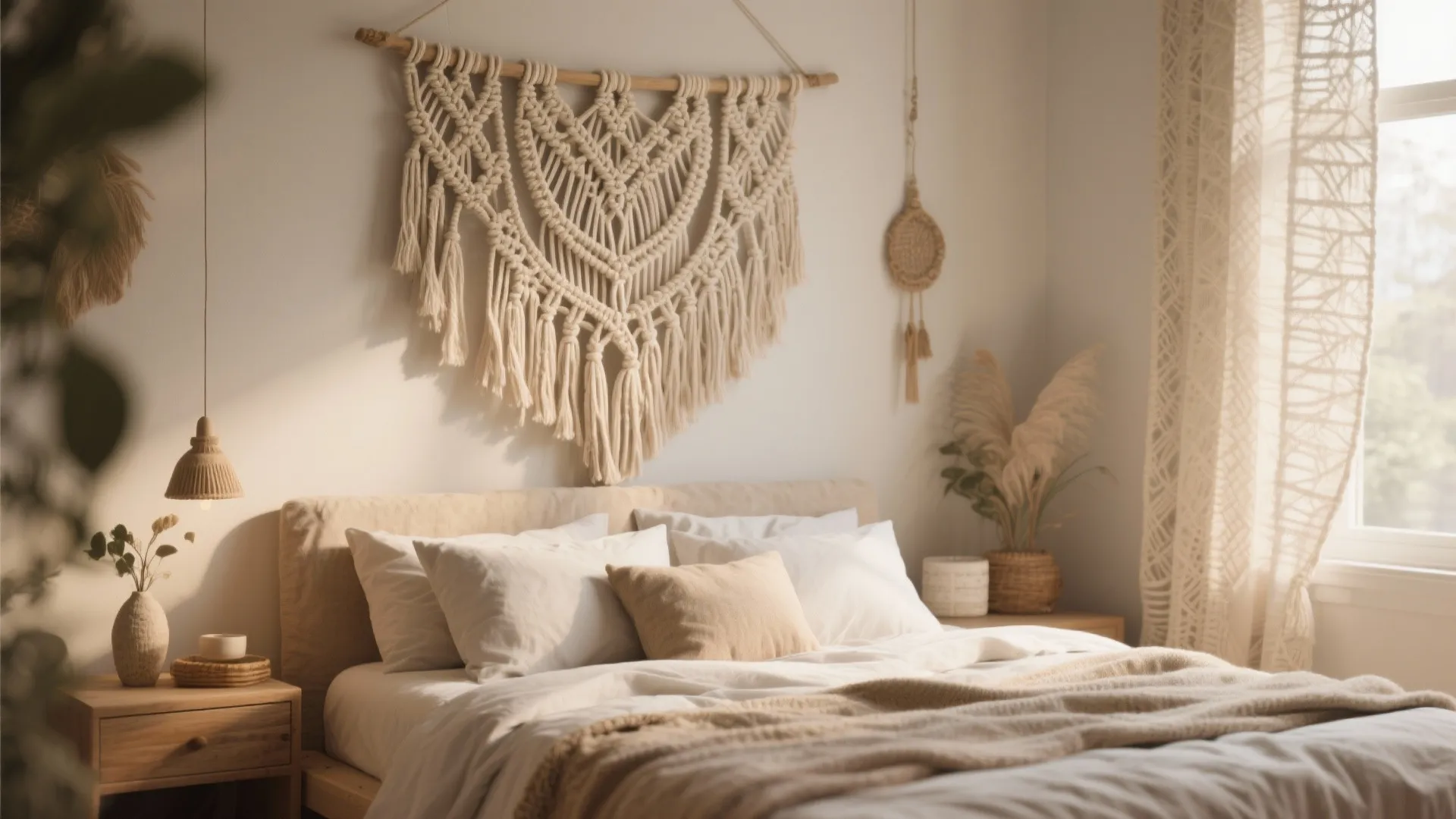 Boho style bedroom featuring a large woven wall hanging above a bed with white bedding