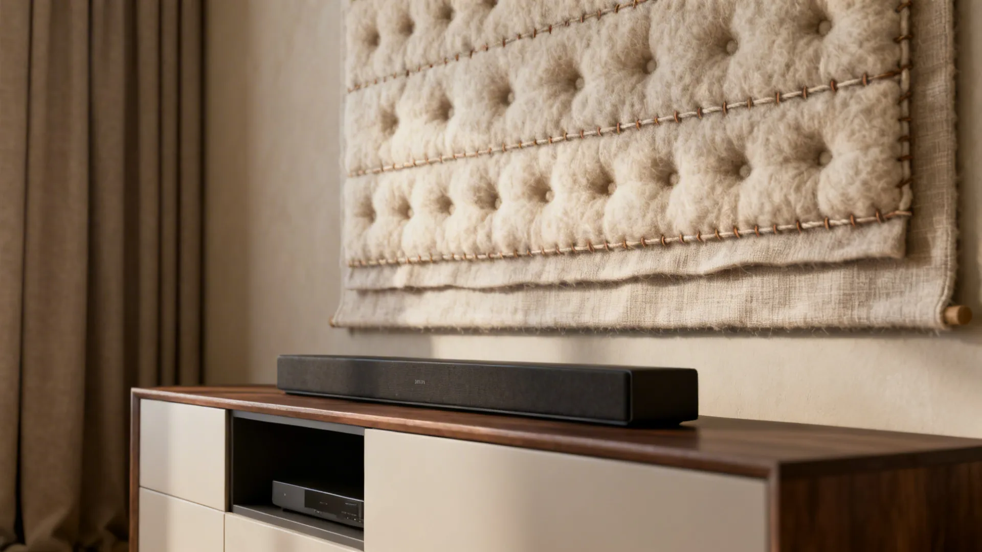 Tufted wool panel and layered fabric wall hanging showing detailed weave and texture behind a media console.