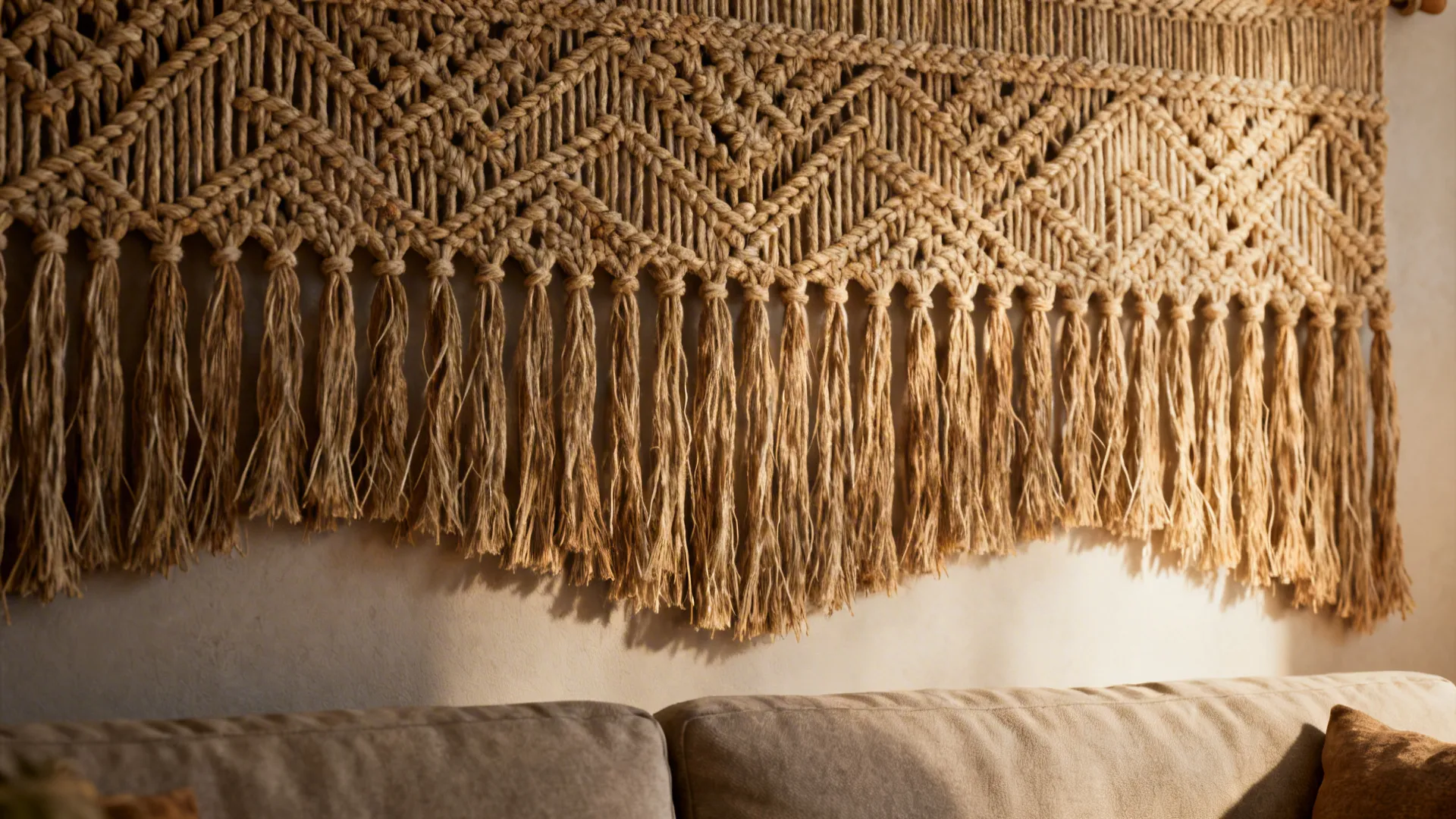 Close-up of a woven textile wall hanging above a couch showing tactile fibers and tassels.