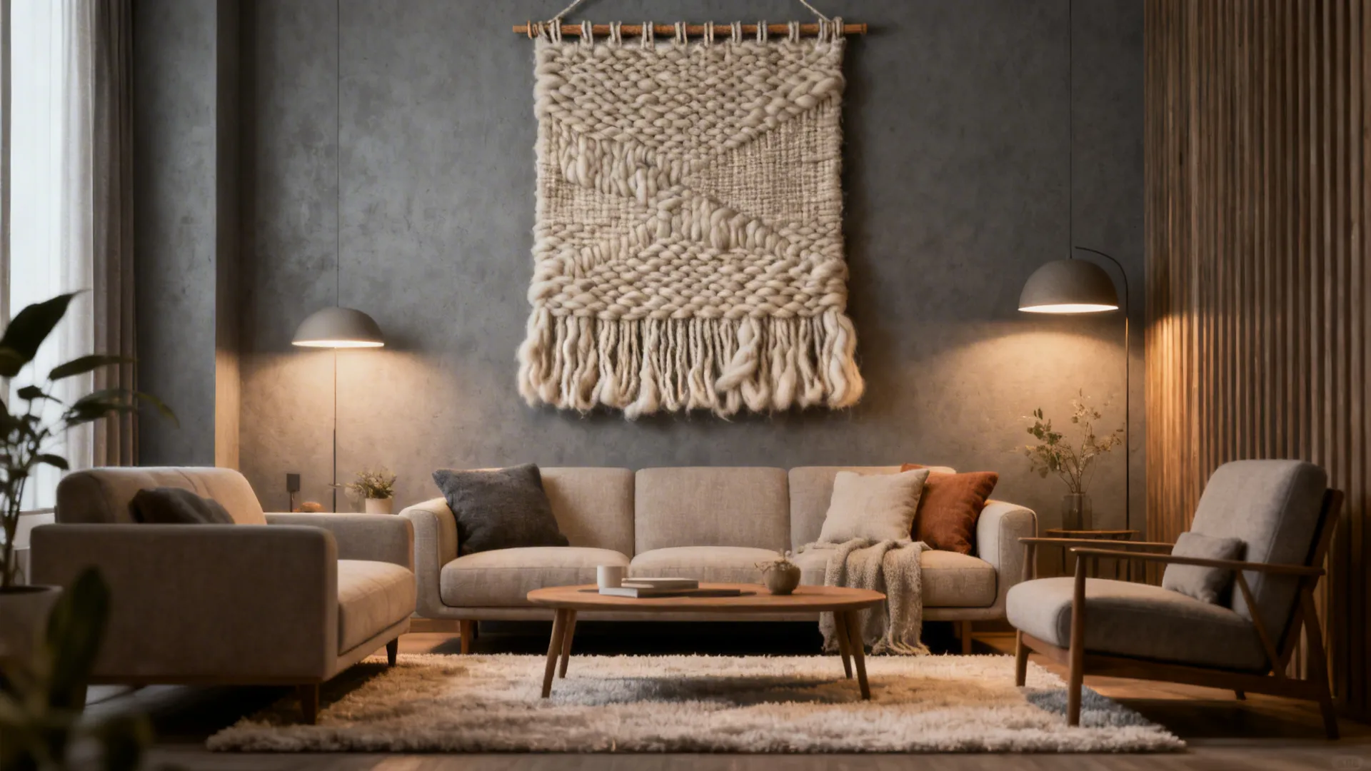 Grey living room with a large textured wool wall hanging that softens the room and improves acoustics.