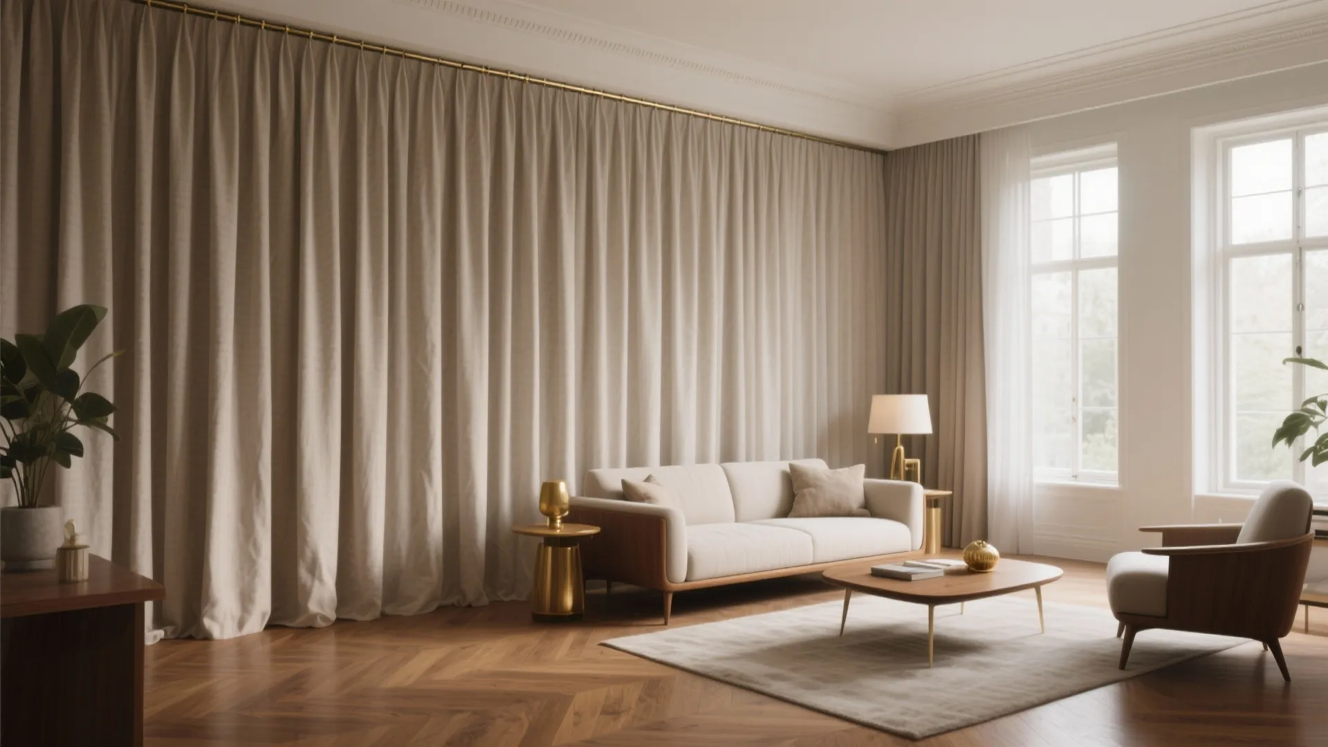 Large beige curtains cover a wall in a living room with sofa chairs and wooden floor