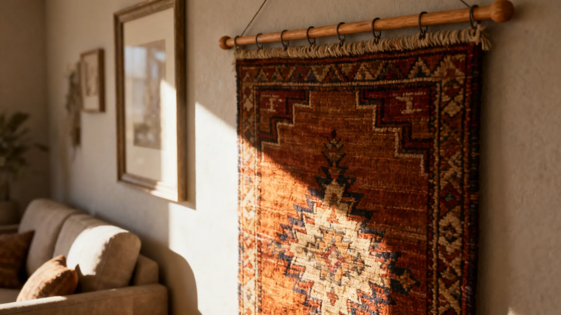 Vintage kilim textile hung on a rod adding texture to a small living room wall.