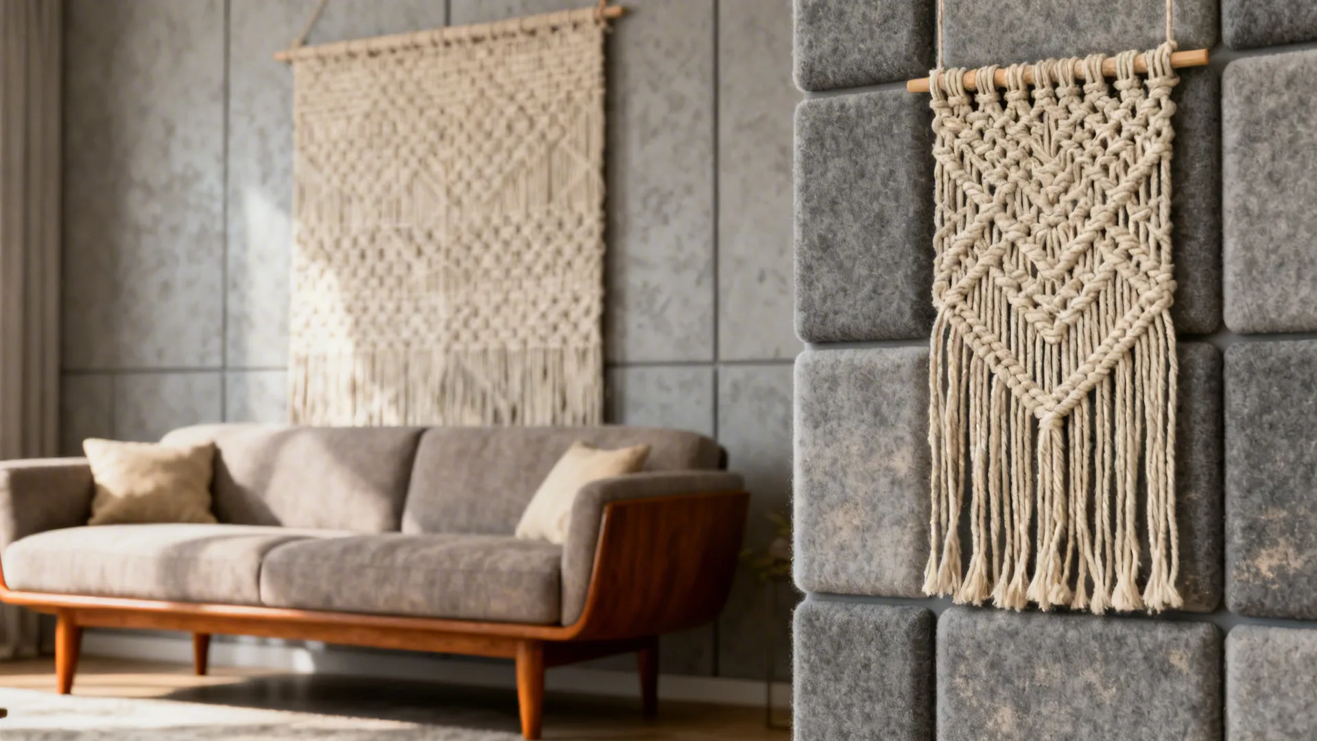 Woven textile art and acoustic panels softening a grey living room
