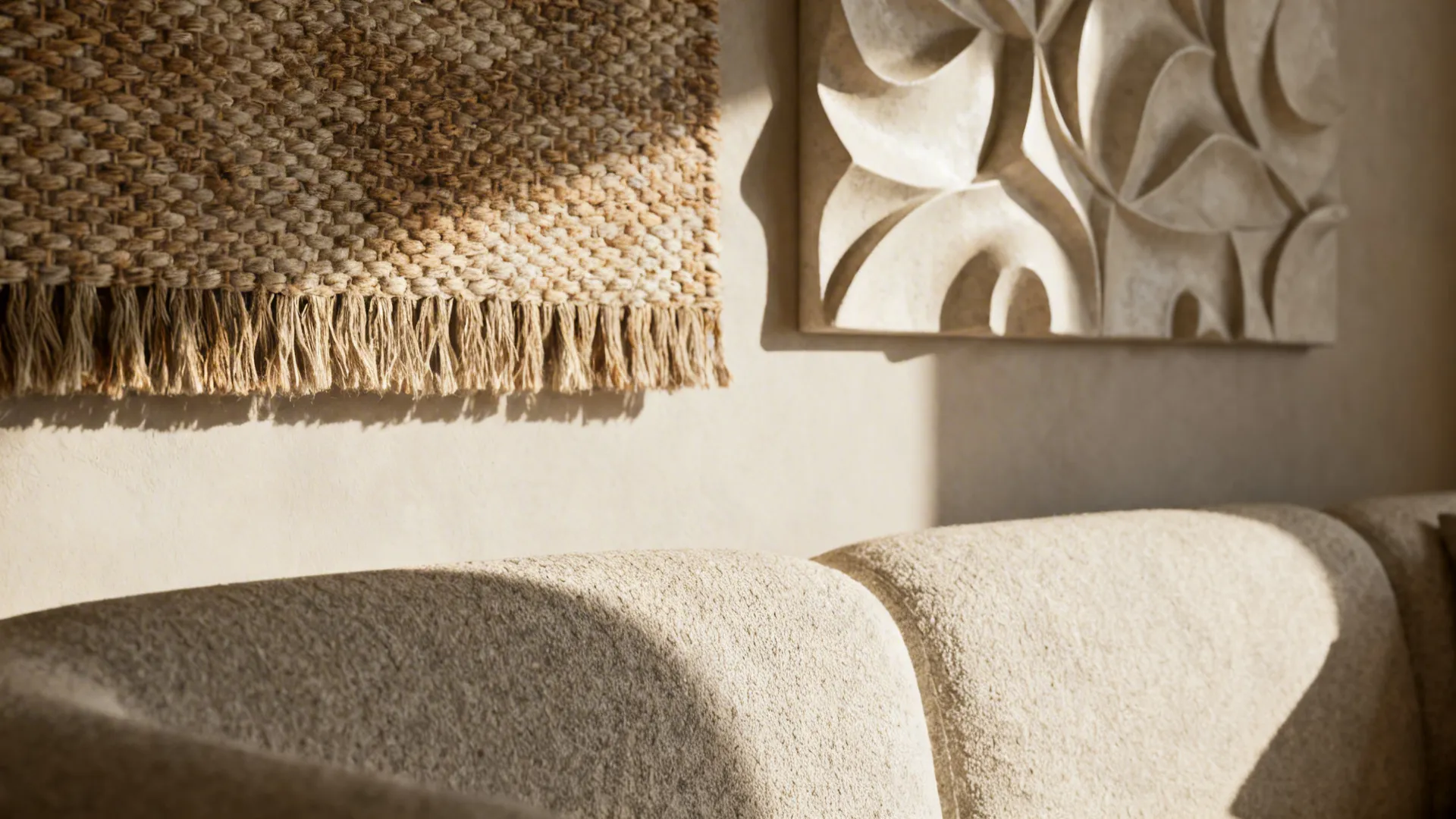 Close-up of a woven tapestry and sculptural wall piece showing texture and depth