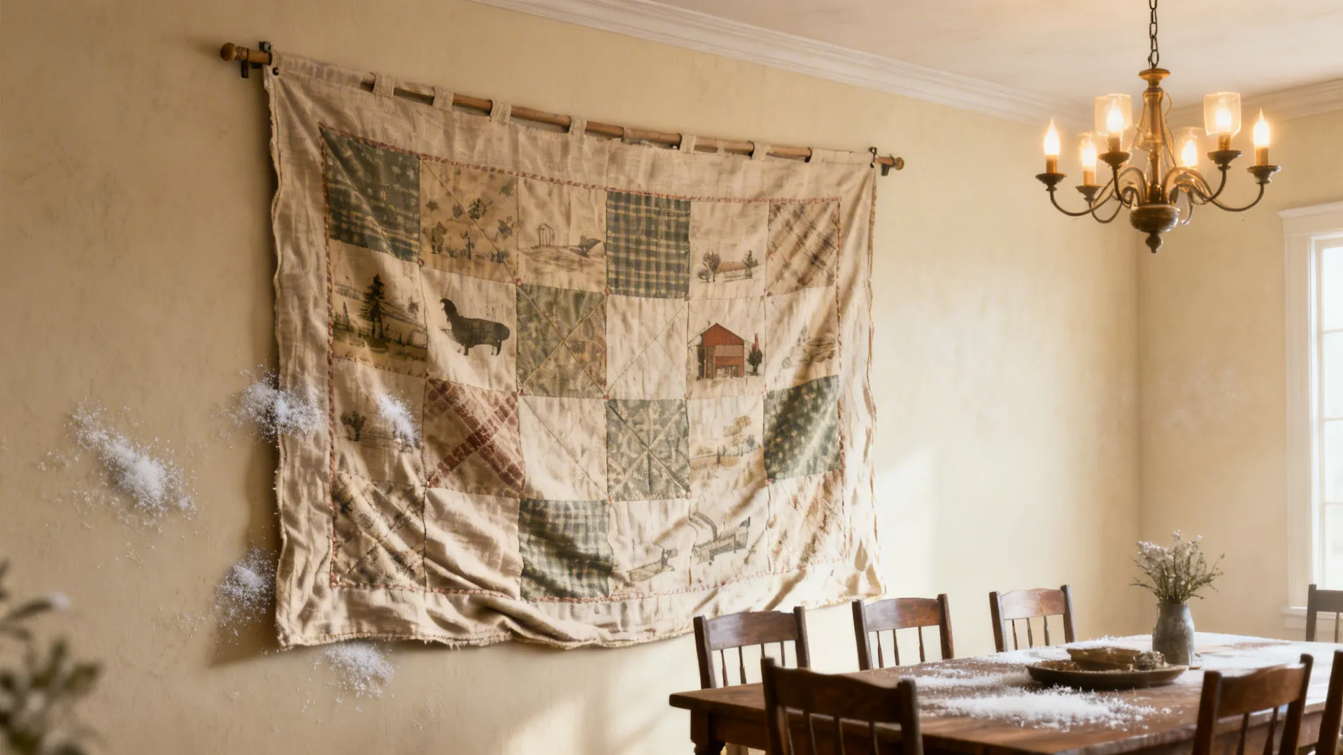 Large textile or quilted wall hanging adding softness and acoustic warmth to a farmhouse dining room.