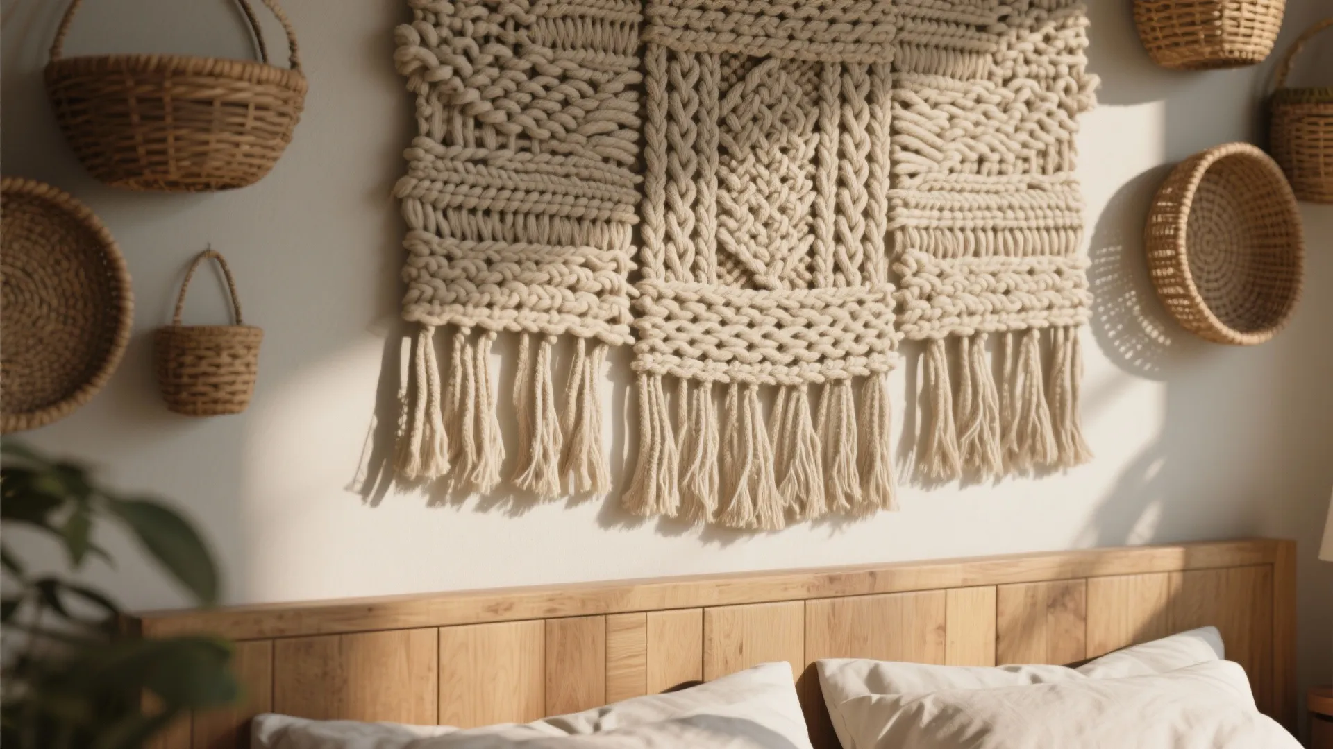 Textured woven wall hanging above a wooden headboard with white pillows and small woven baskets