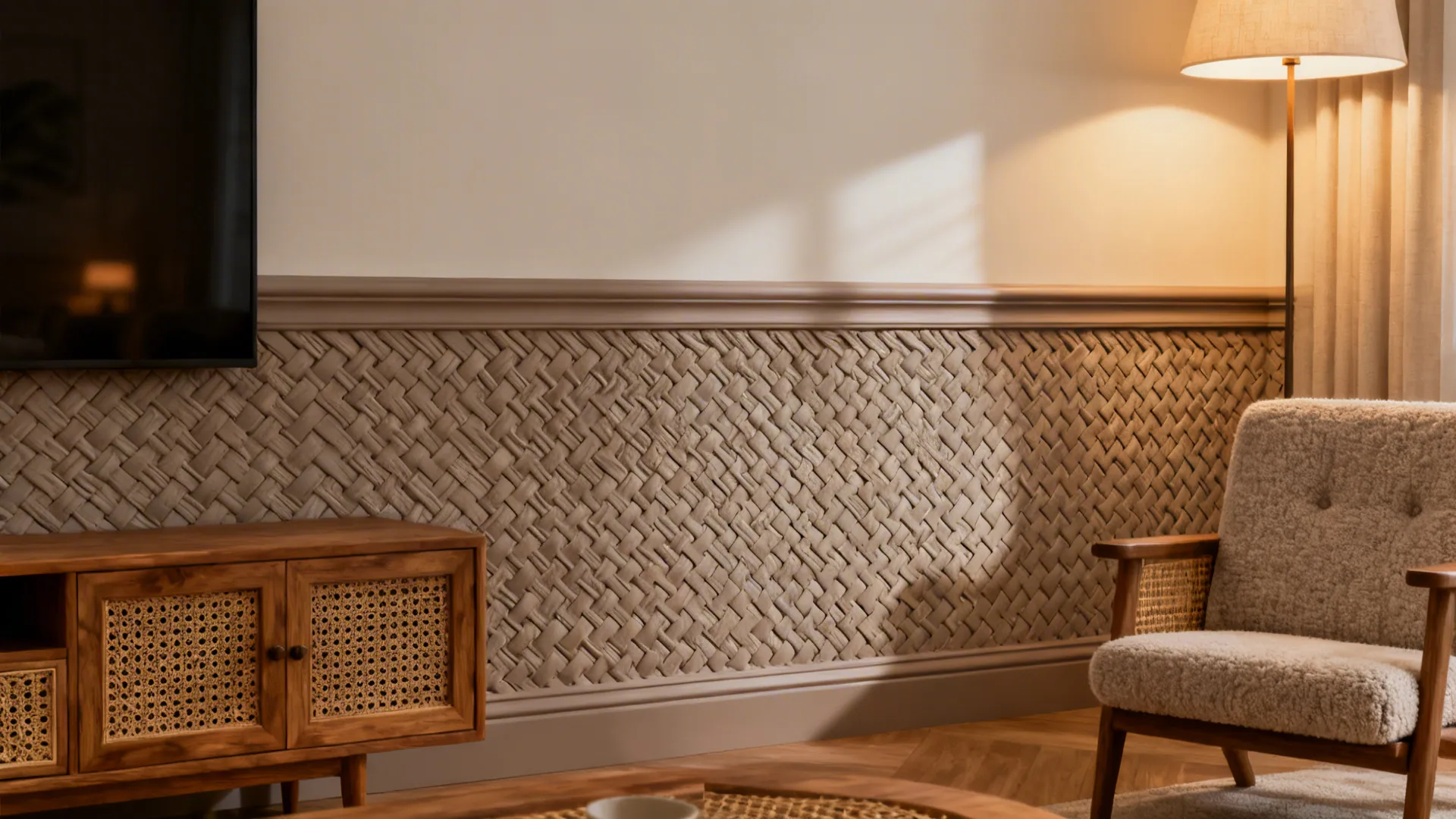 Cozy living room with a taupe 3D woven accent wall, oak and rattan details, warm light.