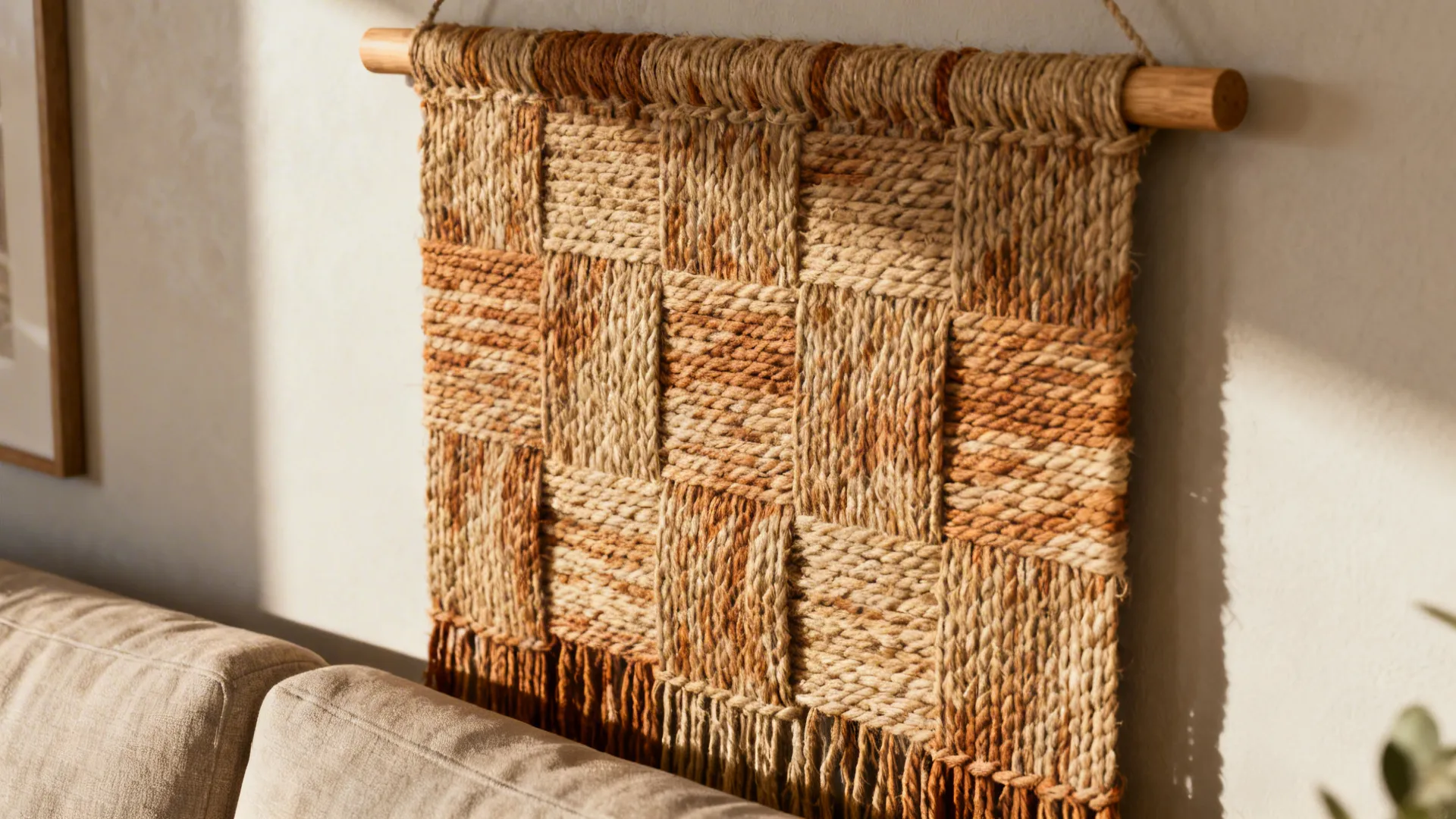Close-up of a woven textile wall hanging showing fiber texture and warm tones
