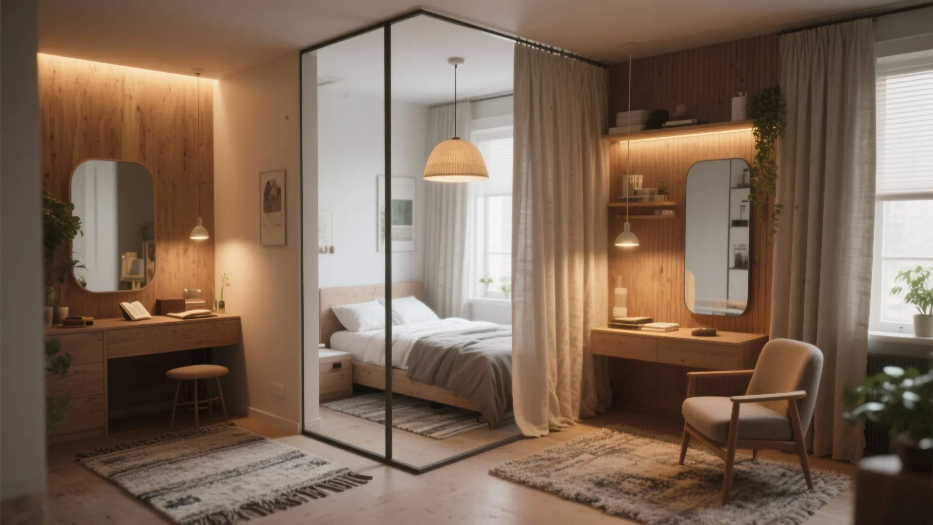 Studio apartment divided into living and sleeping areas using a glass wall and long curtain