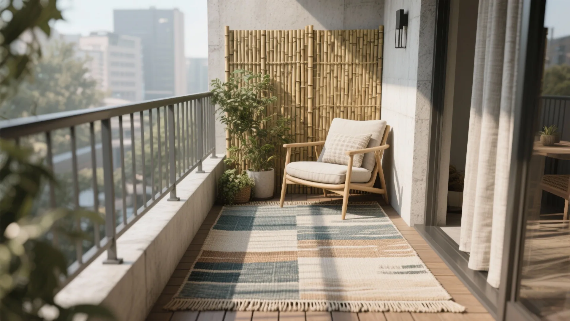 Textile zoning with outdoor rugs and privacy screens