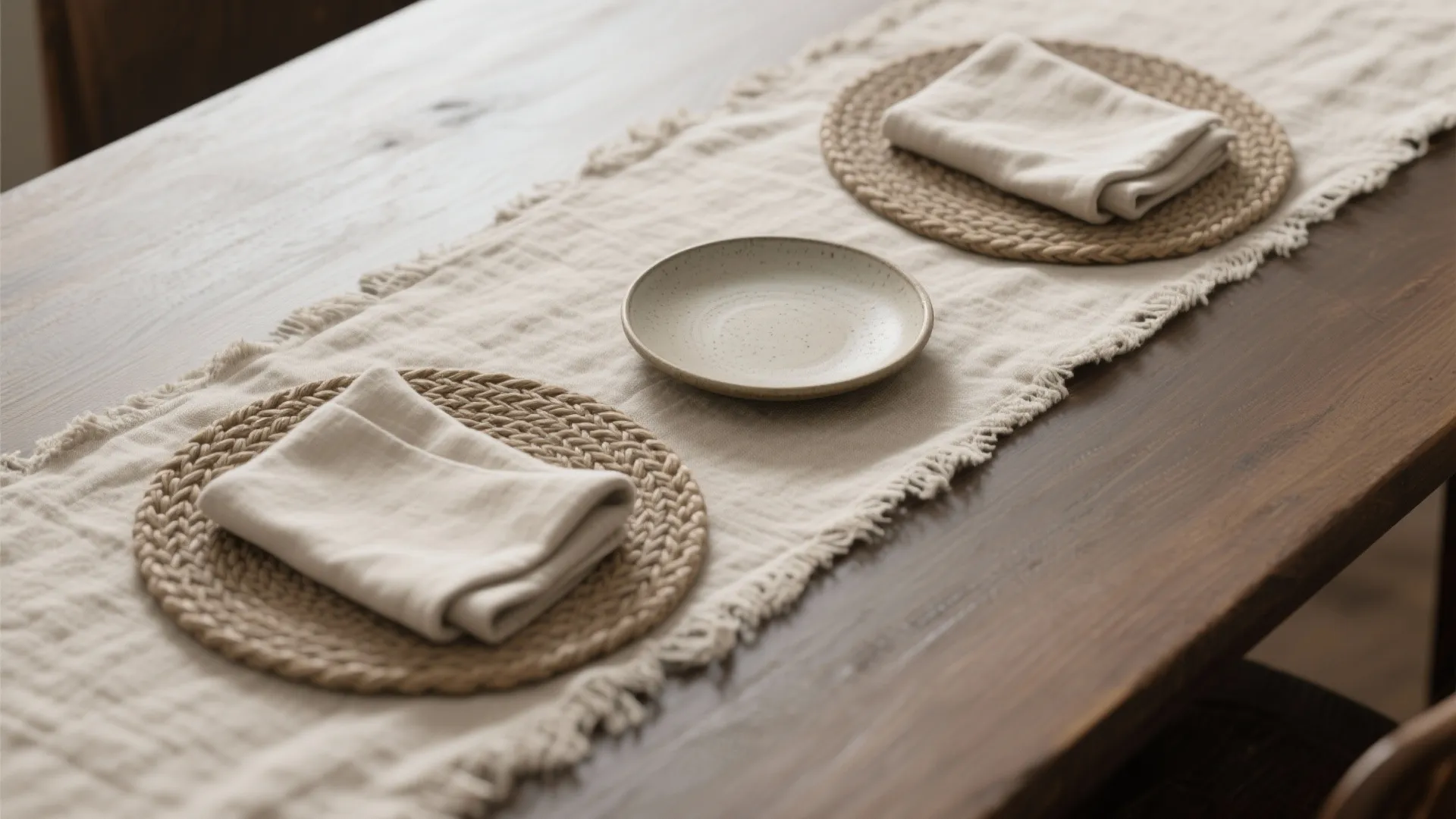 Table runner with cream napkins and small ceramic plate on round woven mats on wood