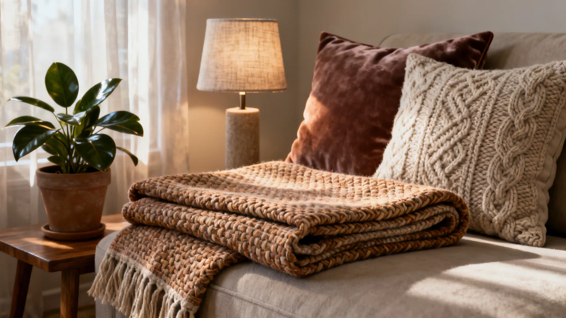 Close-up of cozy textiles, cushions and a lamp showing how accents add warmth in a long living room.