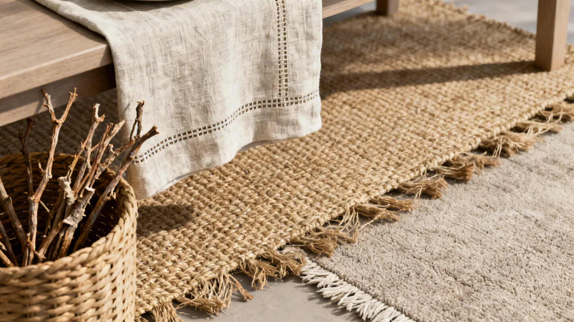 Textured linen, jute runner, and woven basket accents in a farmhouse dining room.