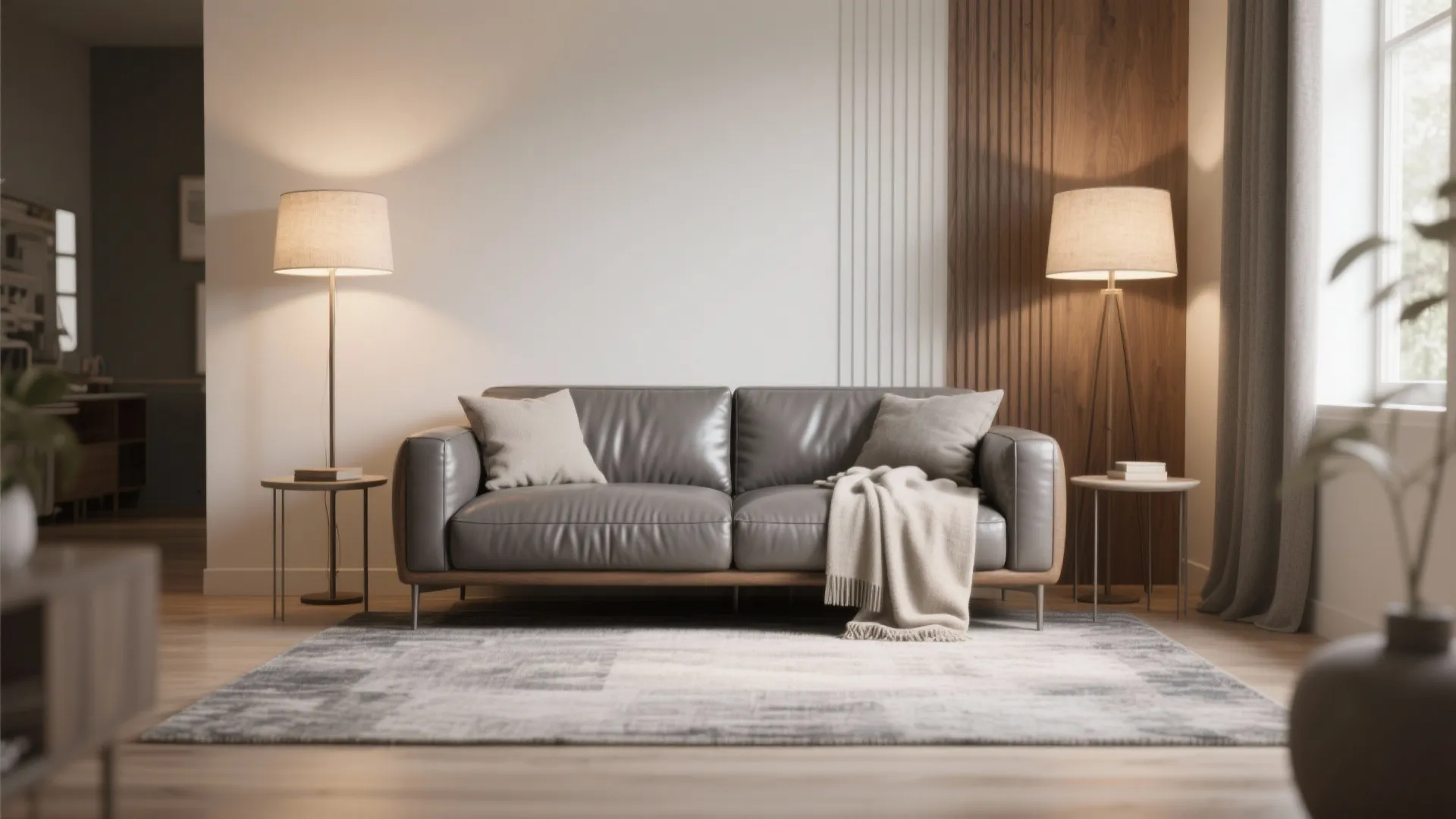 Modern living room with grey leather sofa, floor lamps, patterned rug, and wooden wall panel