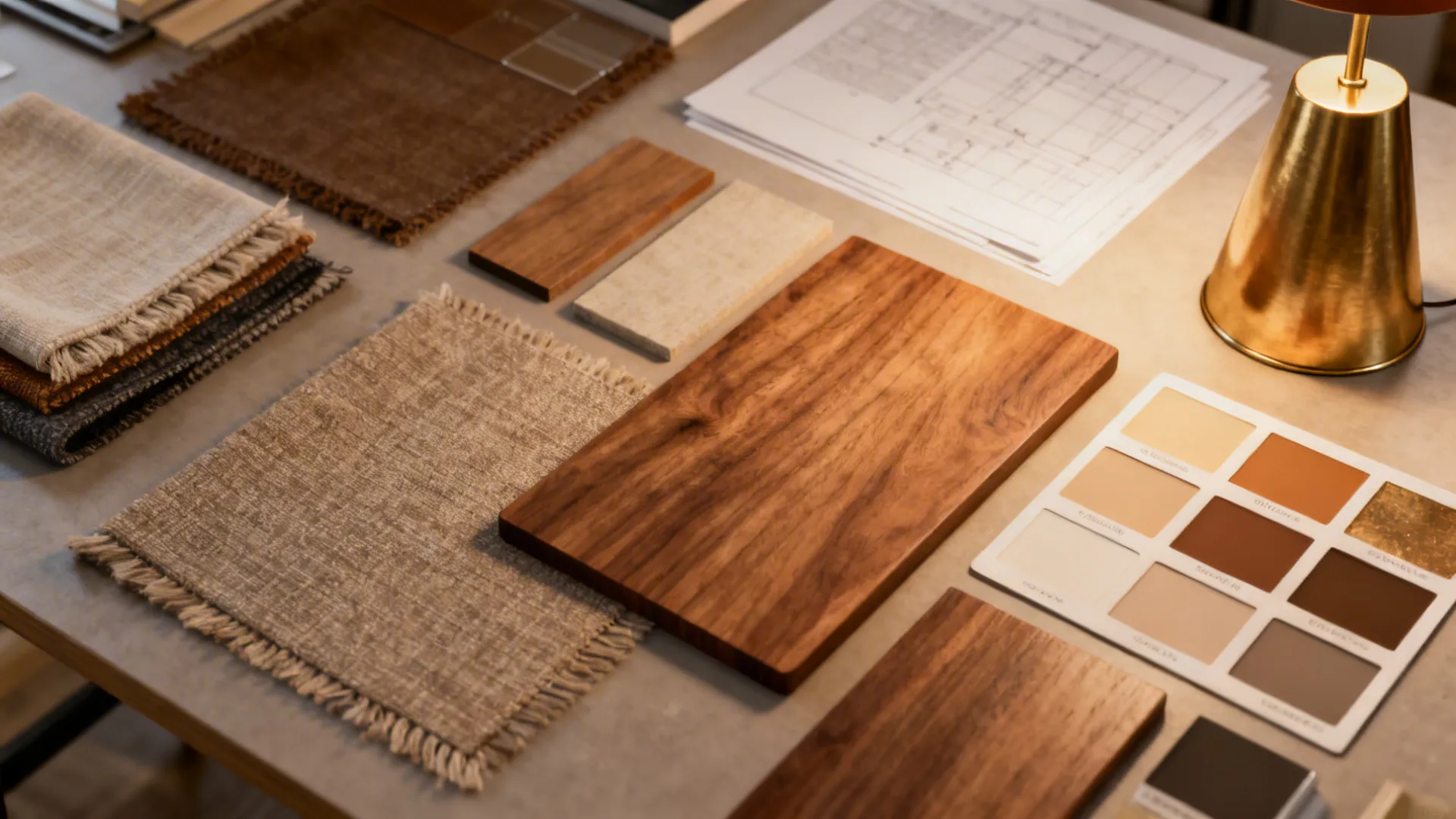 Flatlay of textiles, paint chips and lamp finish swatches for coordinating decor.