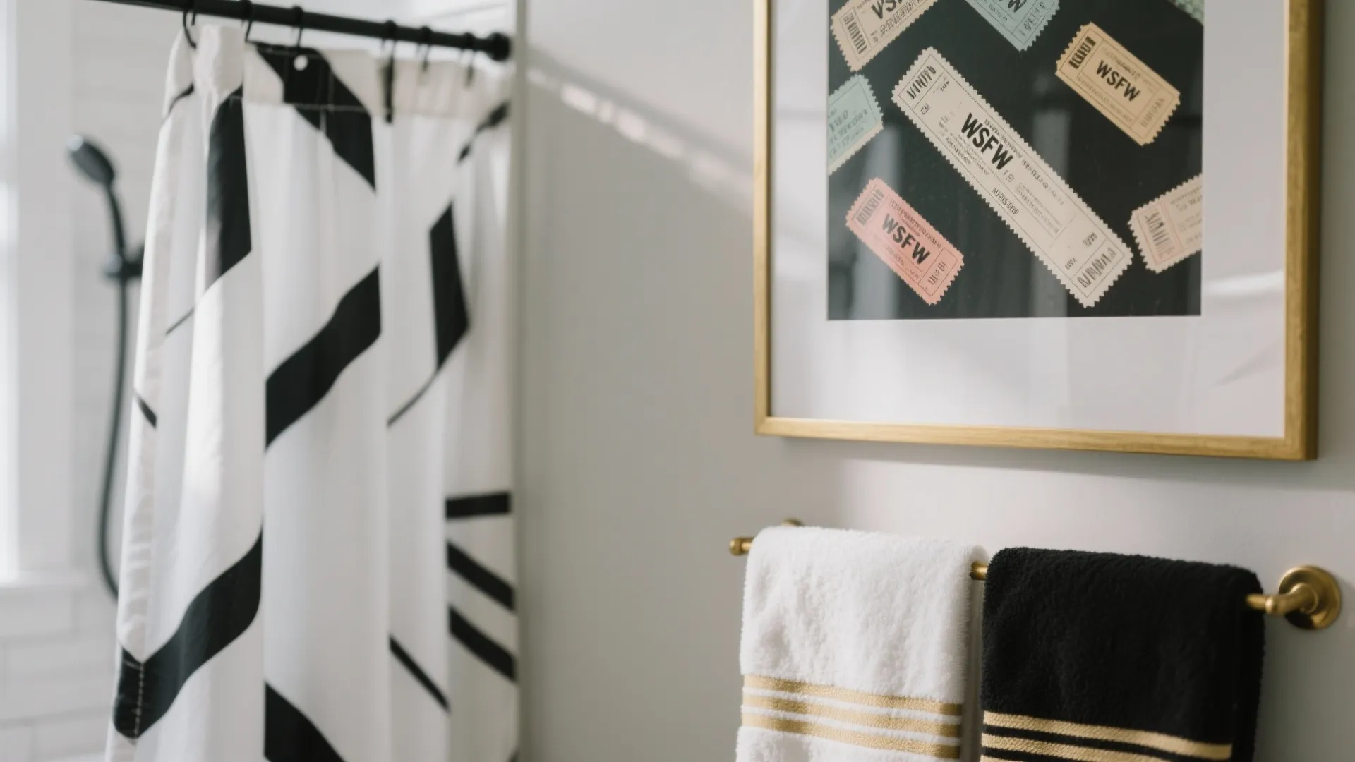 Close-up of black and white textiles with a hint of gold and a framed collage-style artwork without logos or text.