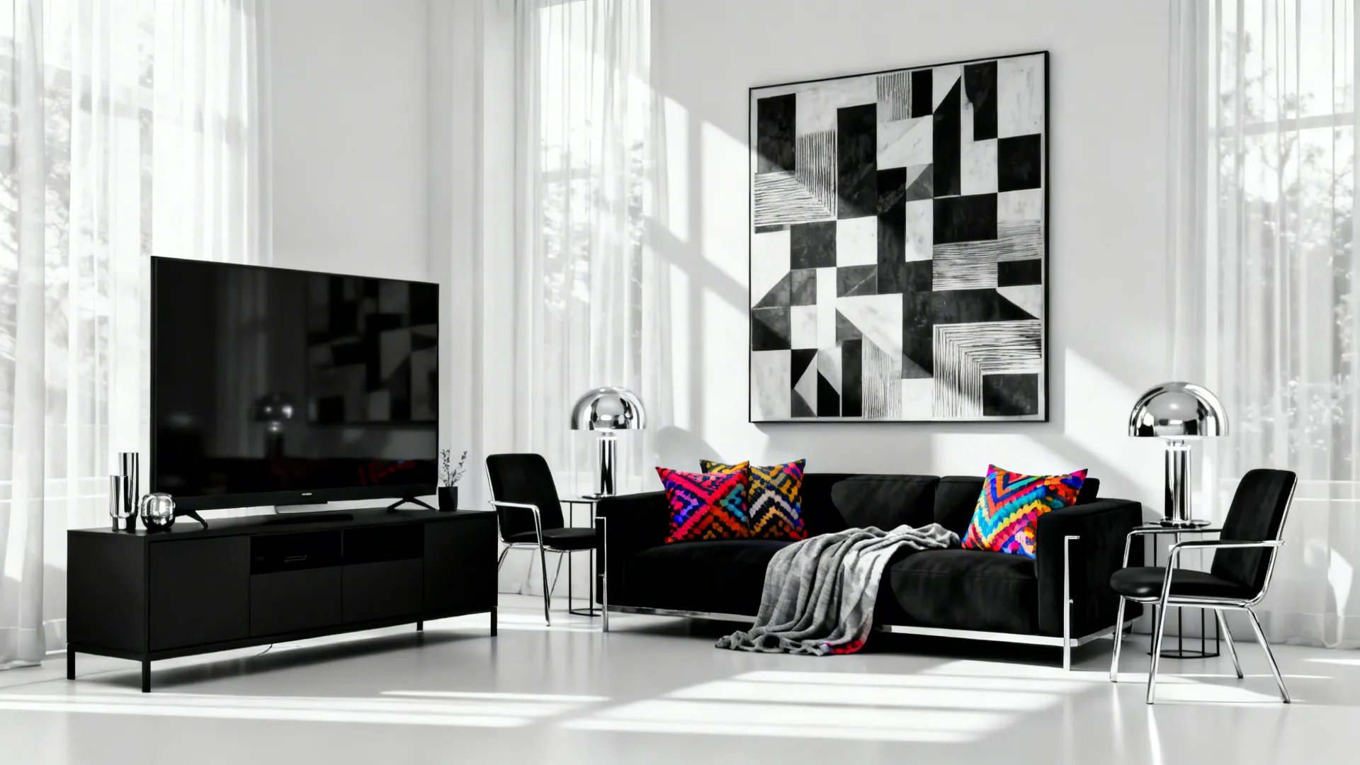 Black furniture contrasted with colorful artwork and patterned cushions