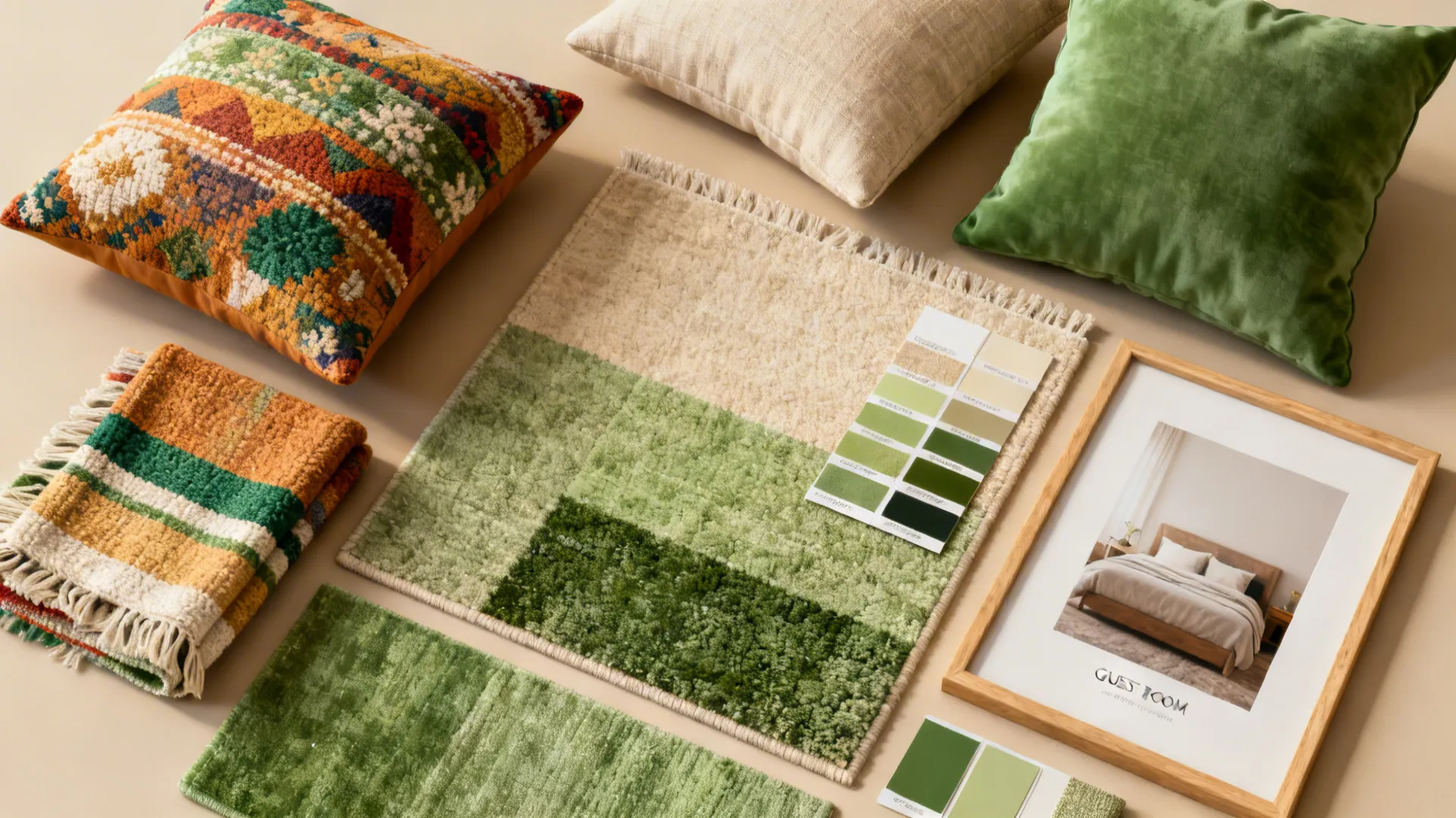 Flatlay of throw pillows, a washable throw, rug swatch, and framed print for a cohesive guest room look
