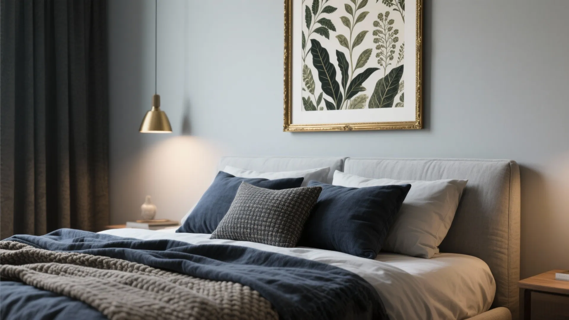 Close up of bed with blue pillows botanical wall art and gold hanging light fixture