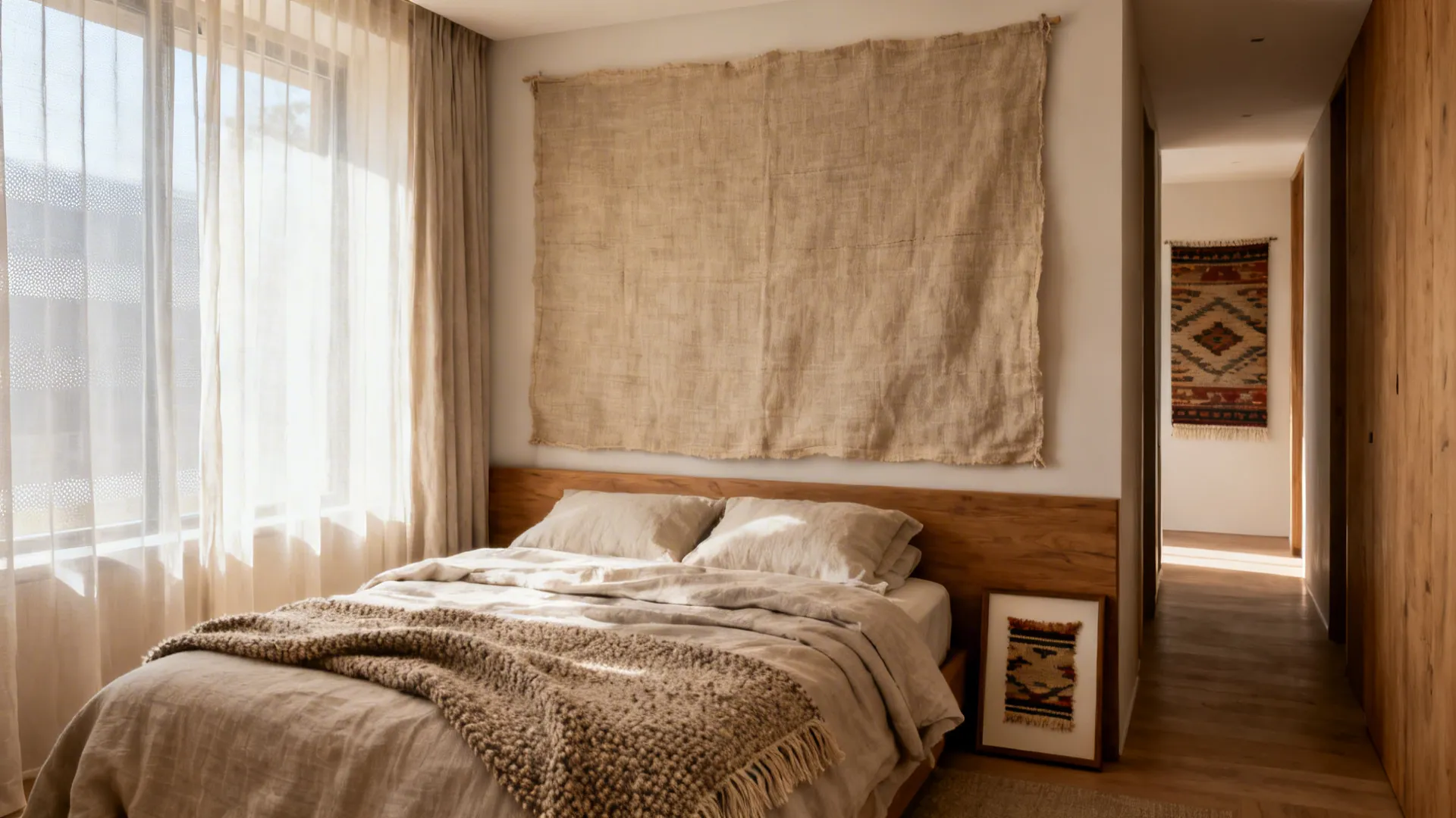 Small bedroom with a large linen panel as headboard and layered throws for softness.