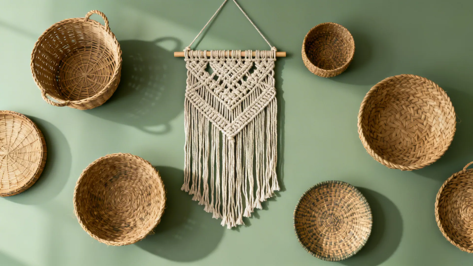Flatlay of textile wall hanging and woven baskets showcasing textures and natural fibers