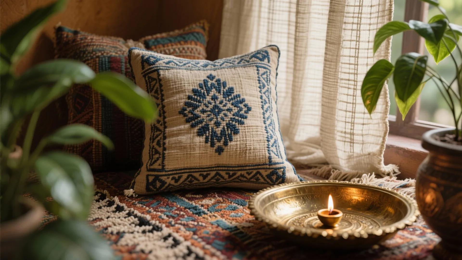 Cozy window nook with patterned pillows brass bowl candle green plants and white thin curtain