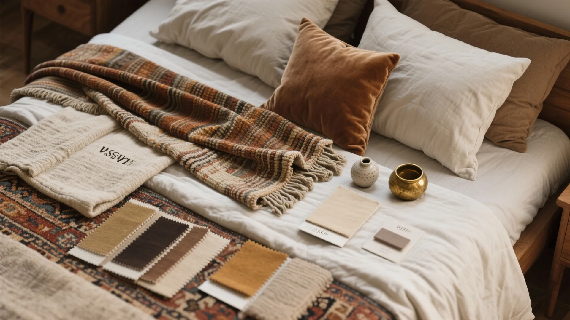 Cozy bed layout with neutral pillows brown velvet cushion patterned blanket and fabric color swatches