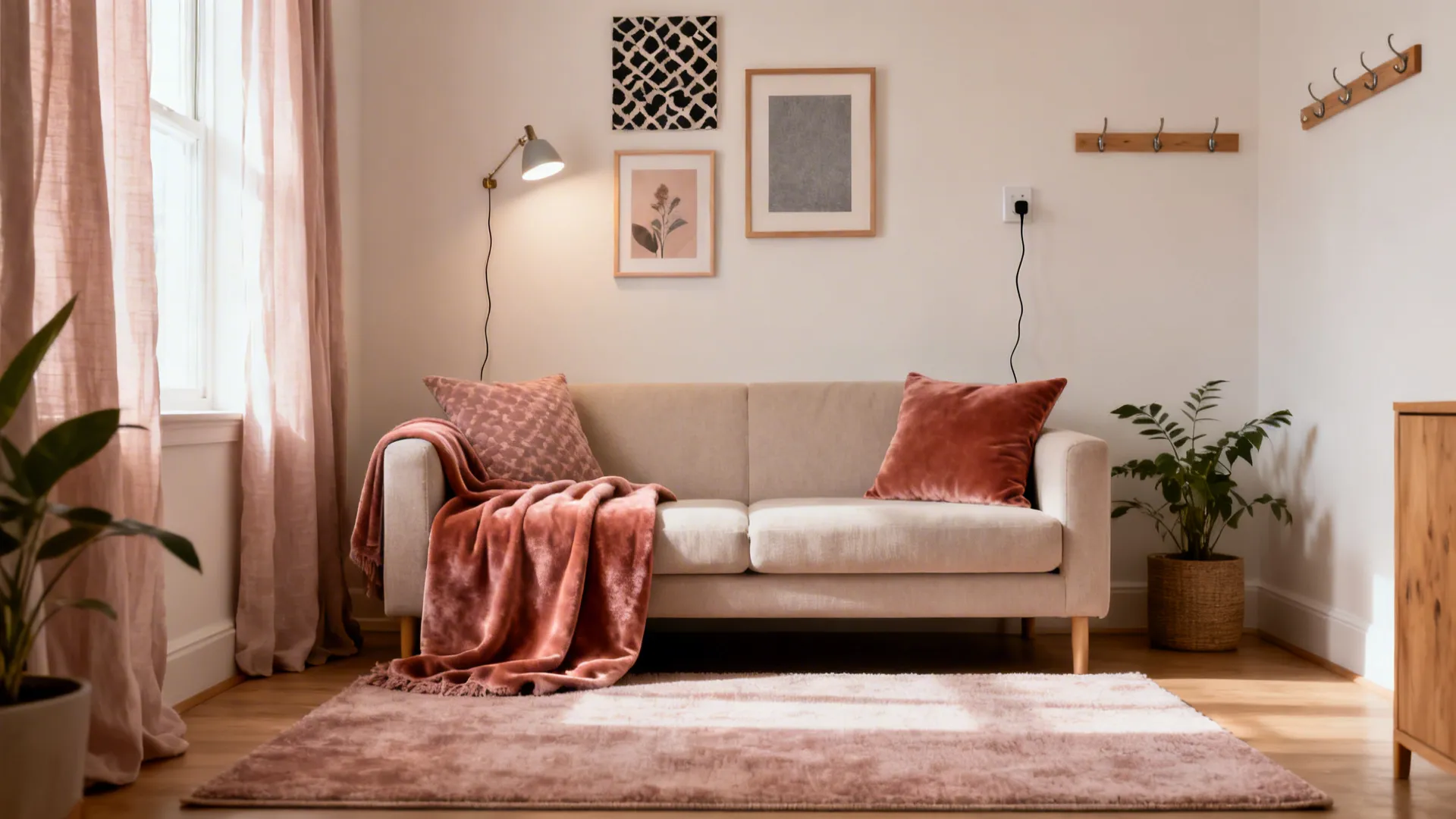Beige sofa with pink blanket orange pillows wall art wall light and green potted plant