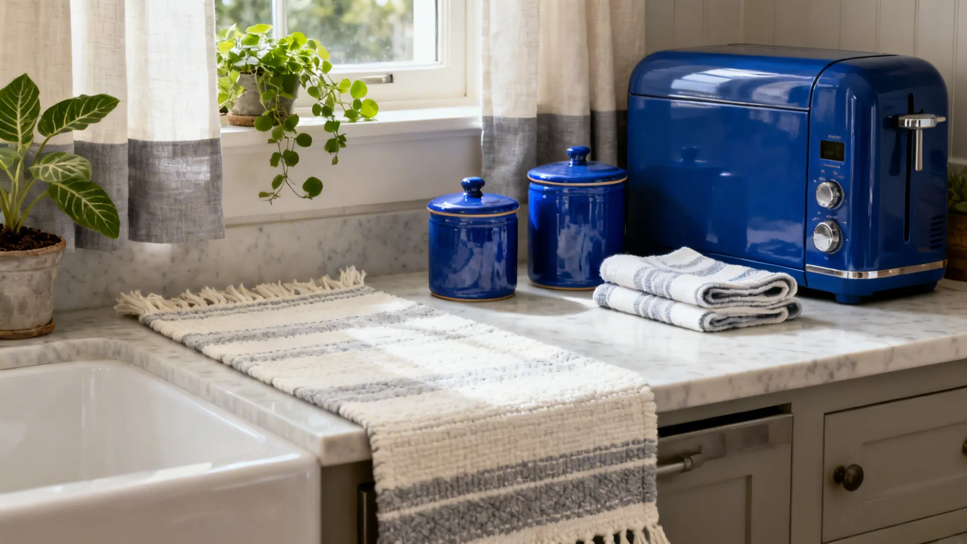 Small kitchen with a flat-weave runner, café curtains, greenery, and a cobalt accent appliance.