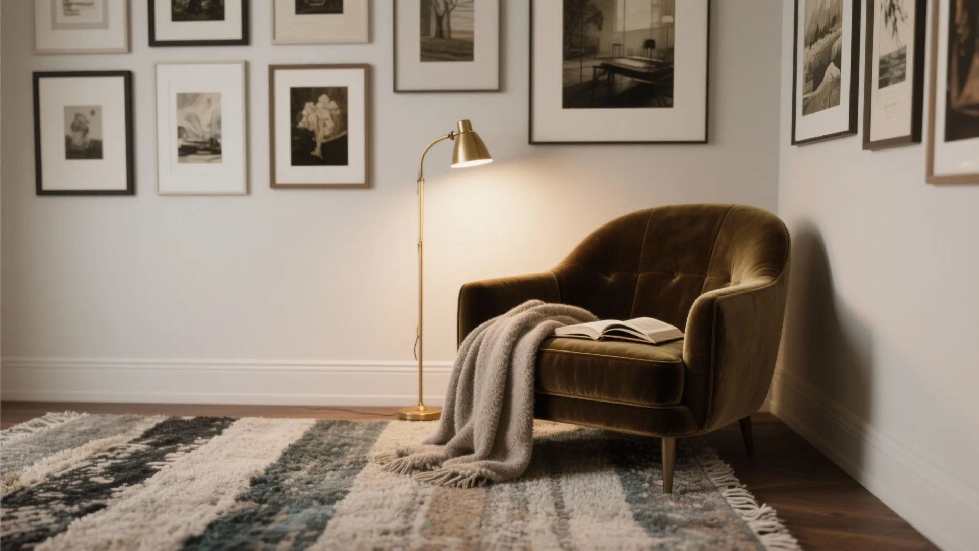 Cozy reading corner with green sofa blanket open book gold floor lamp and framed wall art