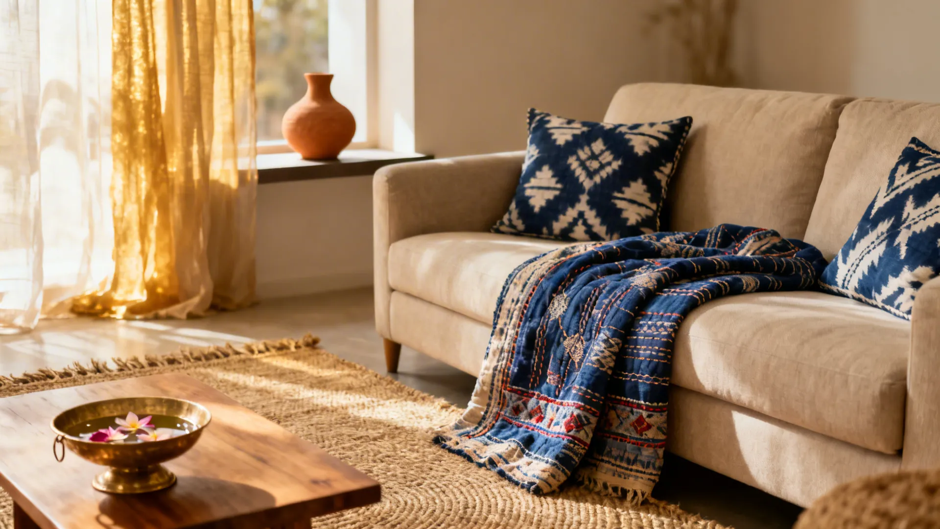 Neutral sofa with indigo ikat cushions, kantha throw, jute rug, and a brass urli accent.