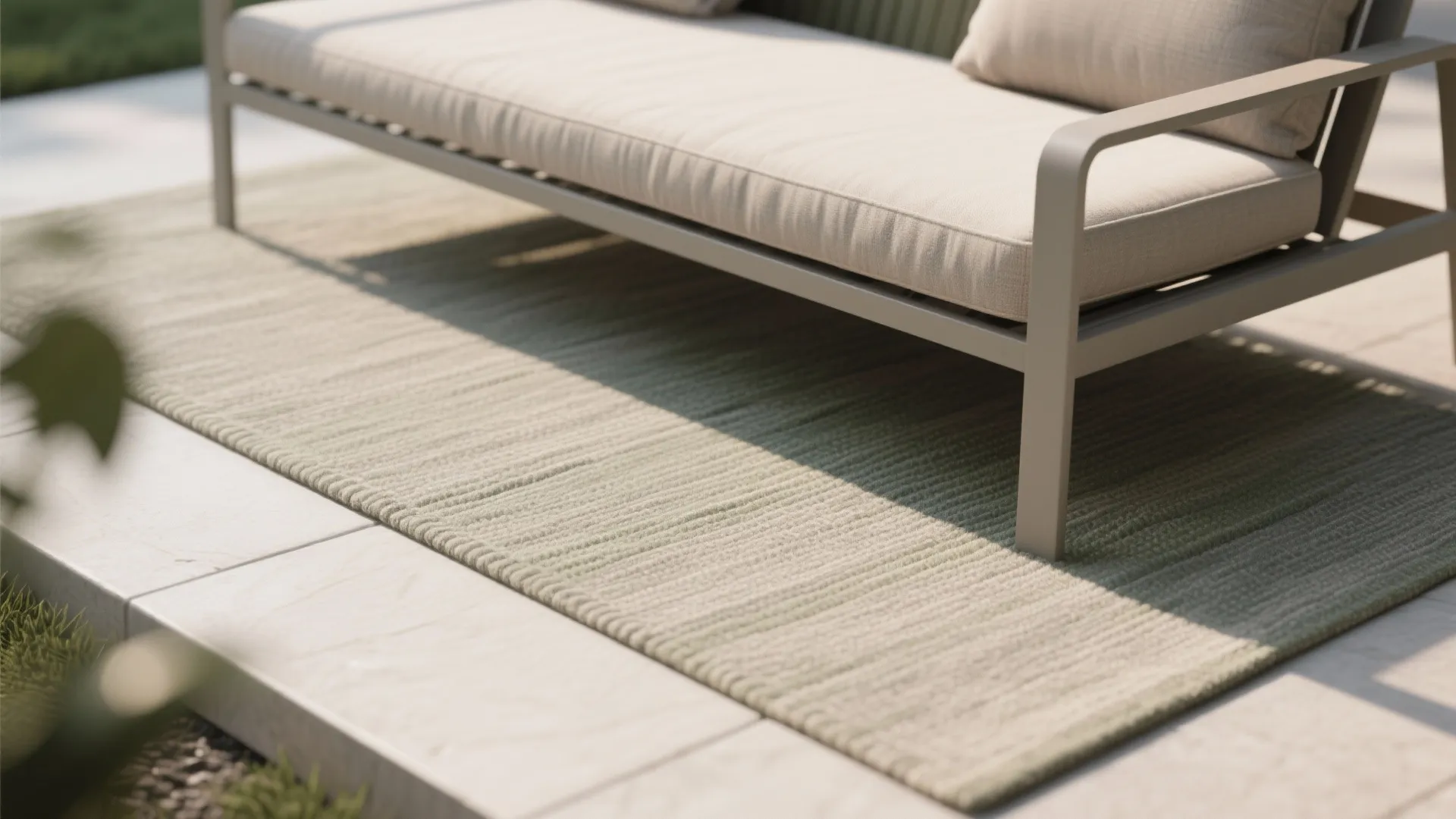 Close up of a beige sofa on a green textured rug placed on a stone patio