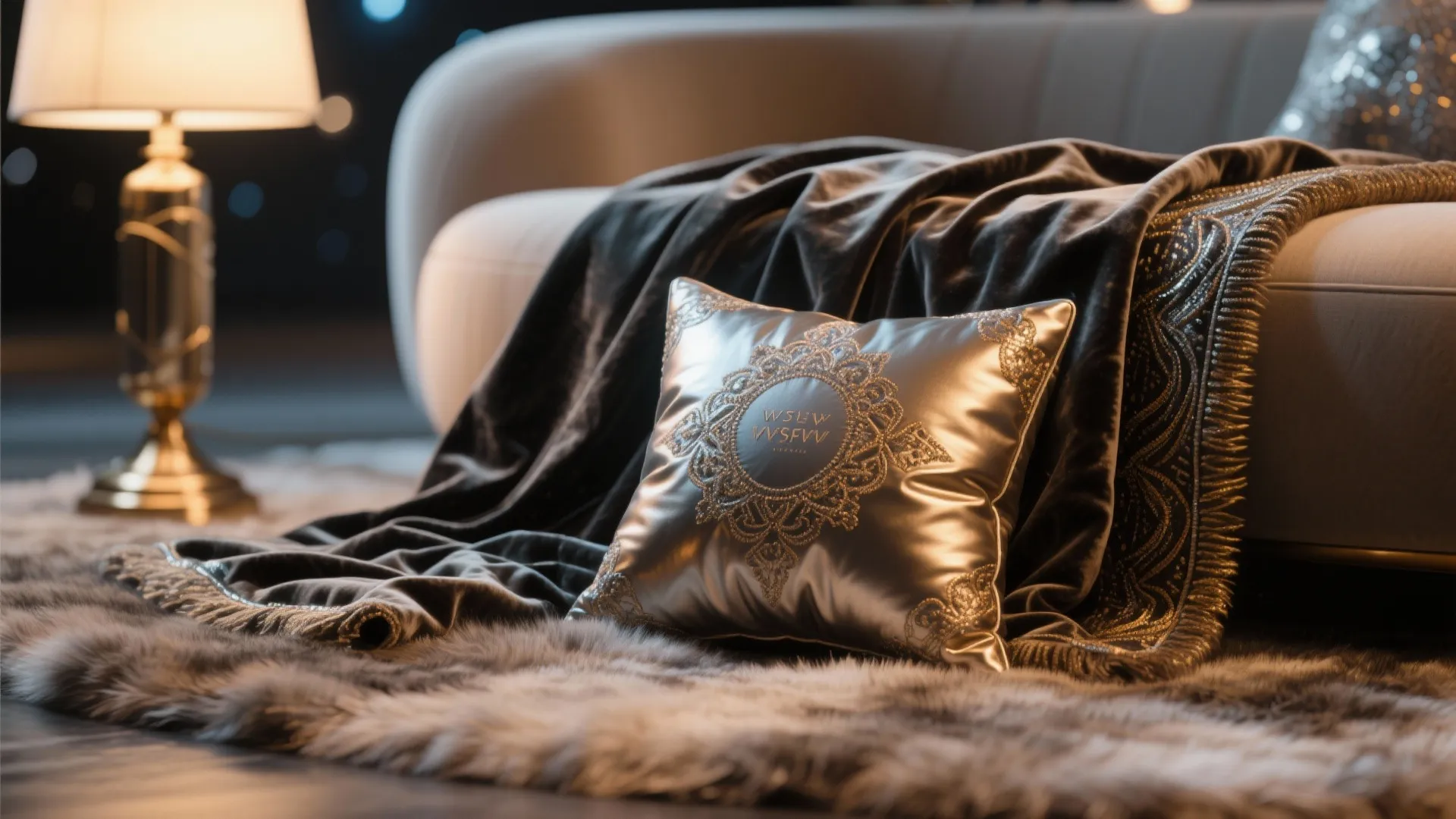 Close-up of velvet throw, metallic pillows and faux fur rug showing tactile space-inspired textures.