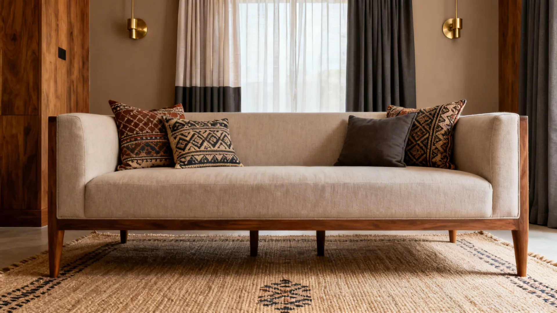 Living room with handwoven dhurrie rug, layered performance curtains, and mix of traditional and solid cushions.