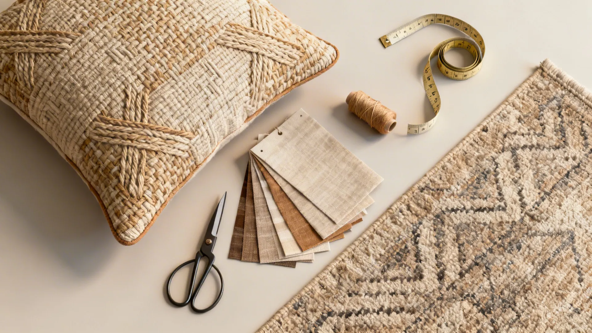 Flatlay of a handwoven cushion, fabric swatches, scissors and sewing supplies for DIY accents.