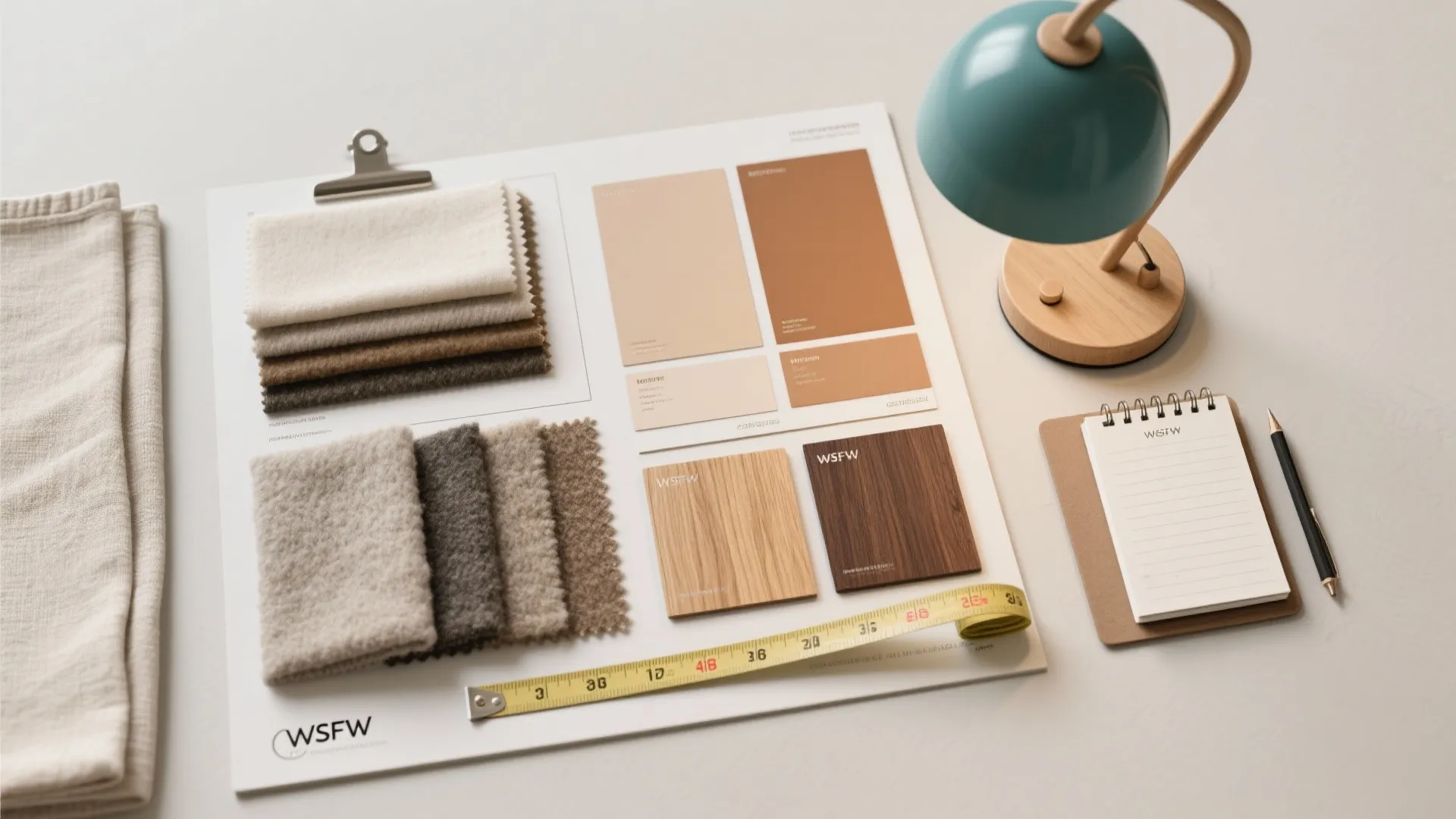 Interior design mood board with fabric swatches wood samples measuring tape lamp and a notebook