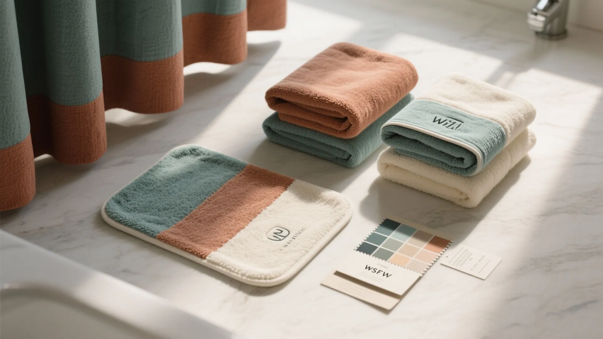 Top-down flatlay of coordinated bathroom textiles: two-tone towels, bath mat and fabric samples.