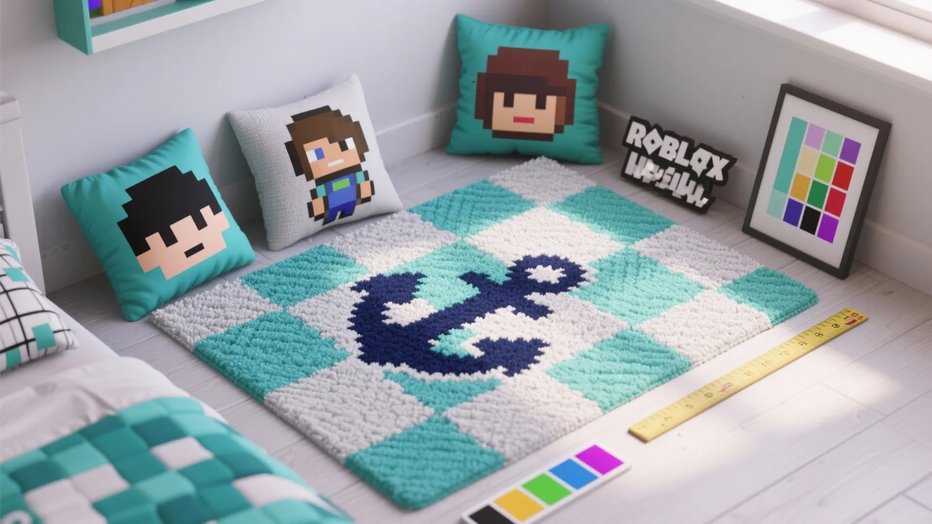 Kids bedroom floor featuring a blue anchor rug surrounded by pixel art style pillows decor